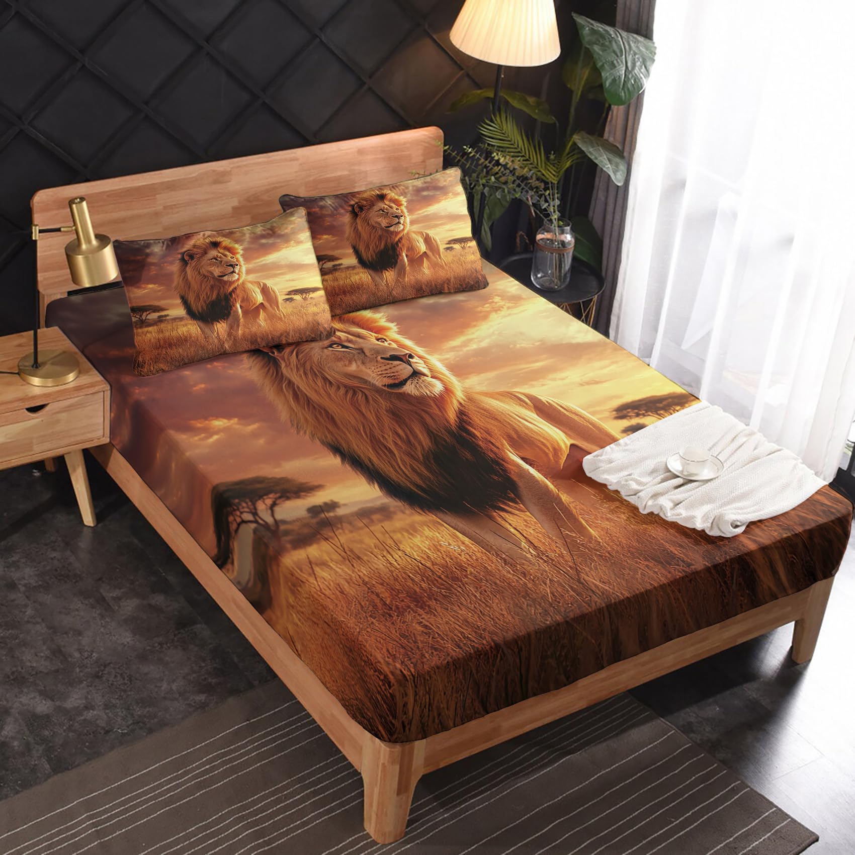 Zvynqour African Lion Sheets - Wild Animal Bed Sheets - Deep Pocket Fitted Sheets & Flat Sheets & Pillowcases - Wildlife Bedding & Decor - Soft Cosy Microfibe