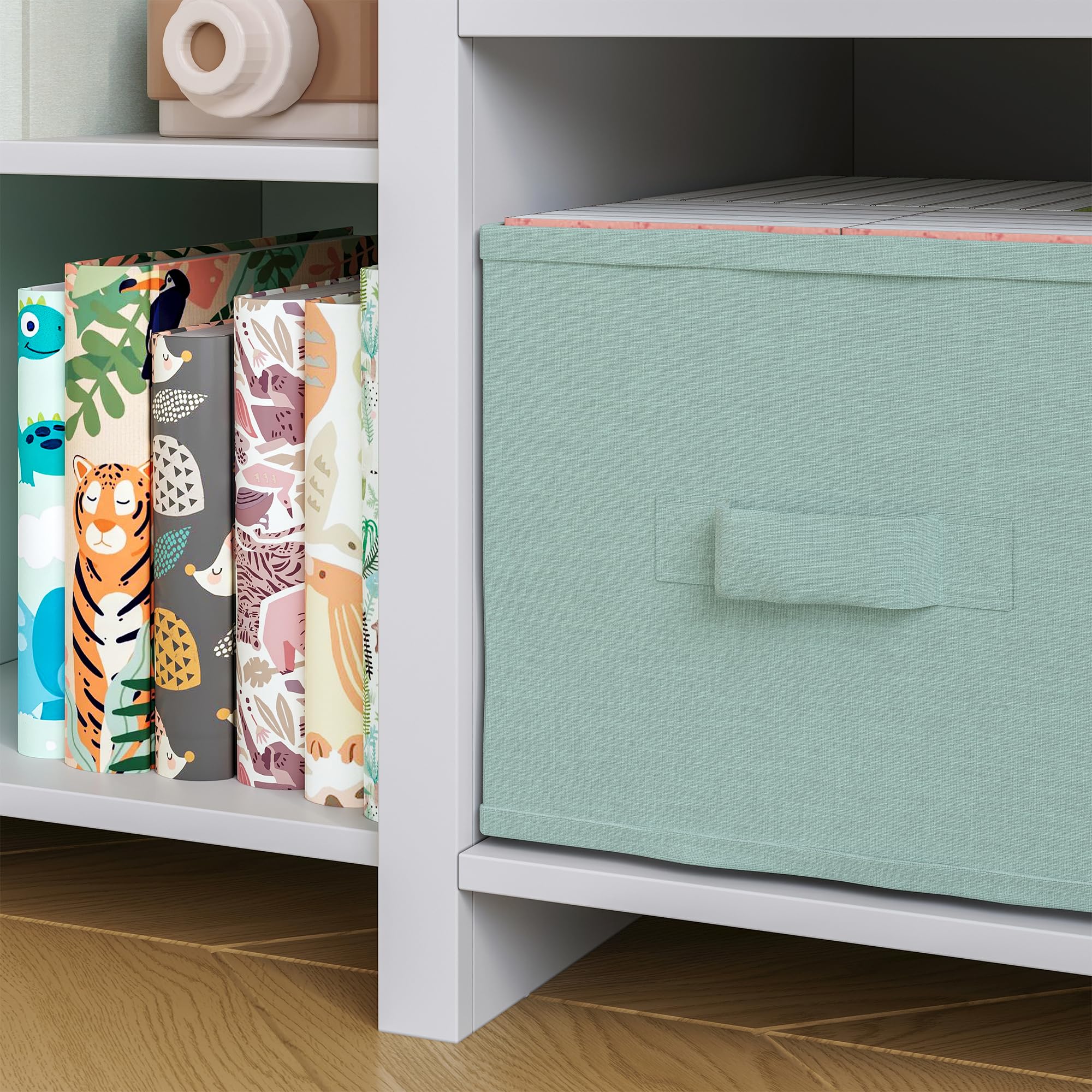 [en.casa] Étagère pour Enfants avec Banc d'Assise Coussin Confortable Bibliothèque Meuble à Chaussures Panneau de Particules Polyester Polyuréthane 76 x 112 x 40 cm Blanc Vert Menthe