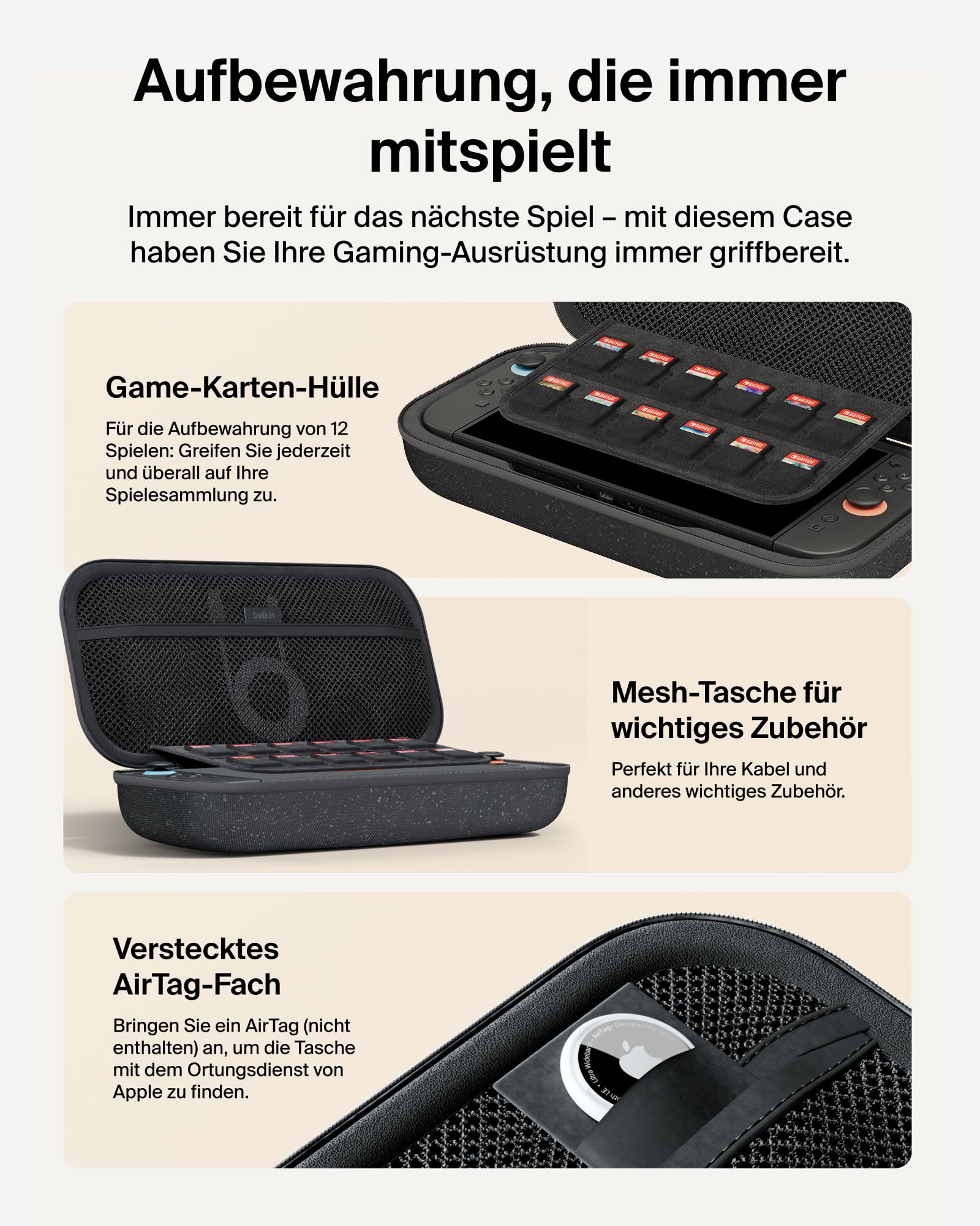 Belkin Nintendo Switch 2 Tasche mit 10.000 mAh Powerbank LCD-Anzeige 20 W Schnellladegerät AirTag Fächer Anthrazit