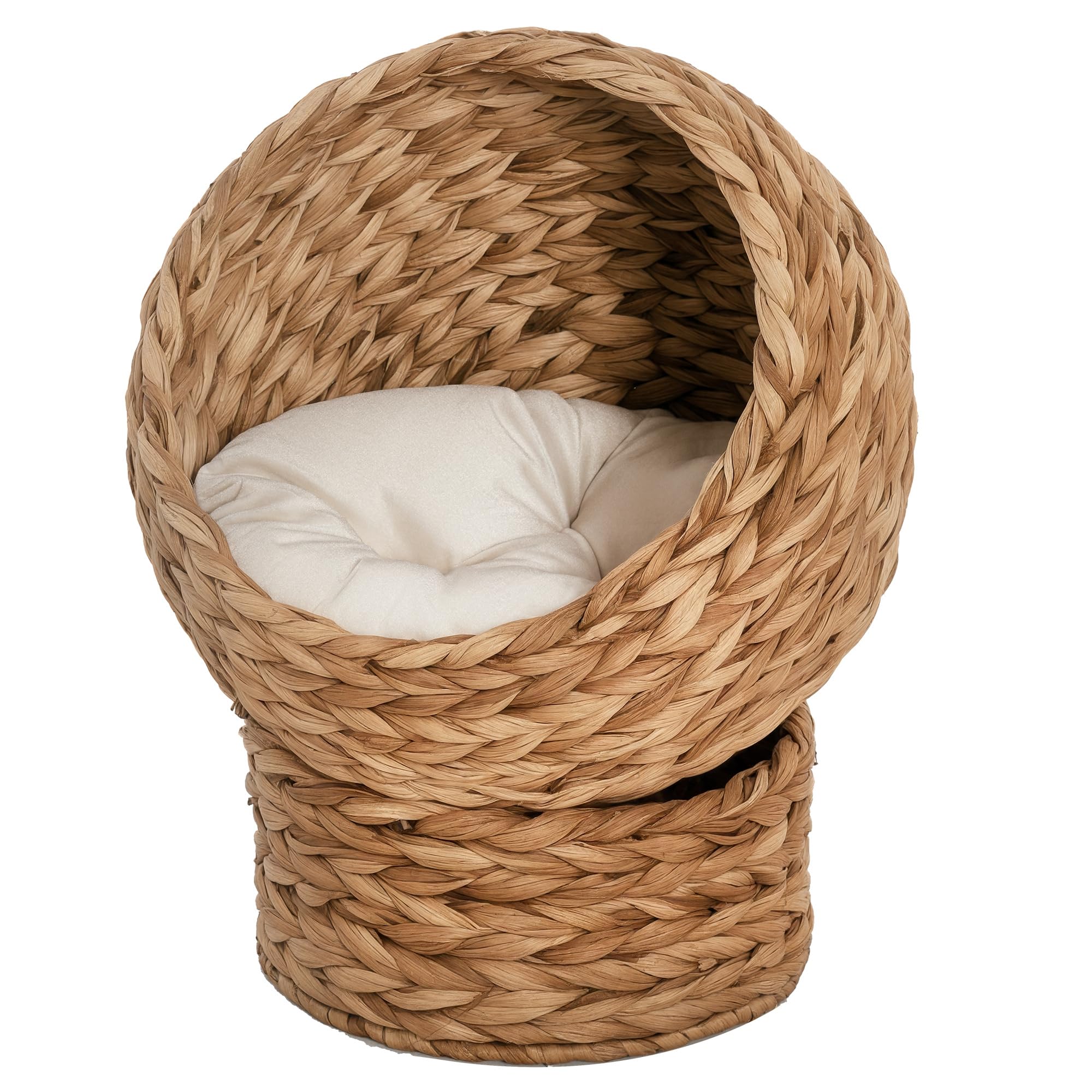 Wicker Cat House, Raised Cat Bed with Cylindrical Base, Soft Washable Cushion, Woven Water Hyacinth Cat Basket for Indoor and Outdoor, 42 x 33 x 52 cm - Brown