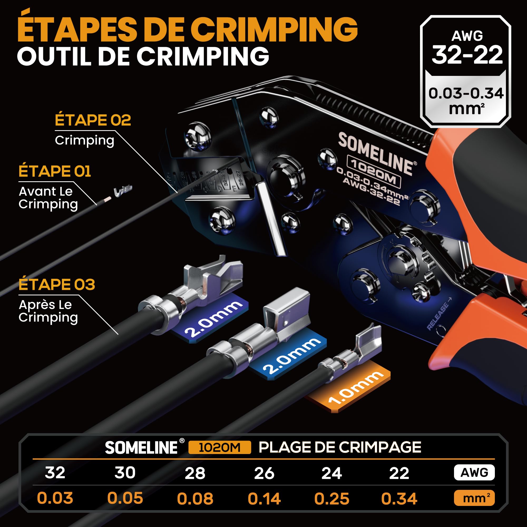 SOMELINE Jeu de fiches à sertir, 21 types [0,03-0,34 mm²] Jeu de fiches 1,0 mm-2,0 mm, Pince à sertir pour connecteurs pour Molex, JST-PH et Dupont