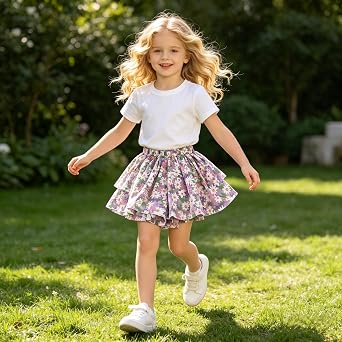 Toddler Girls Floral Pleated Mini Skort Little Kids Elastic High Waist Chiffon Ruffle Flowy Shorts for Summer