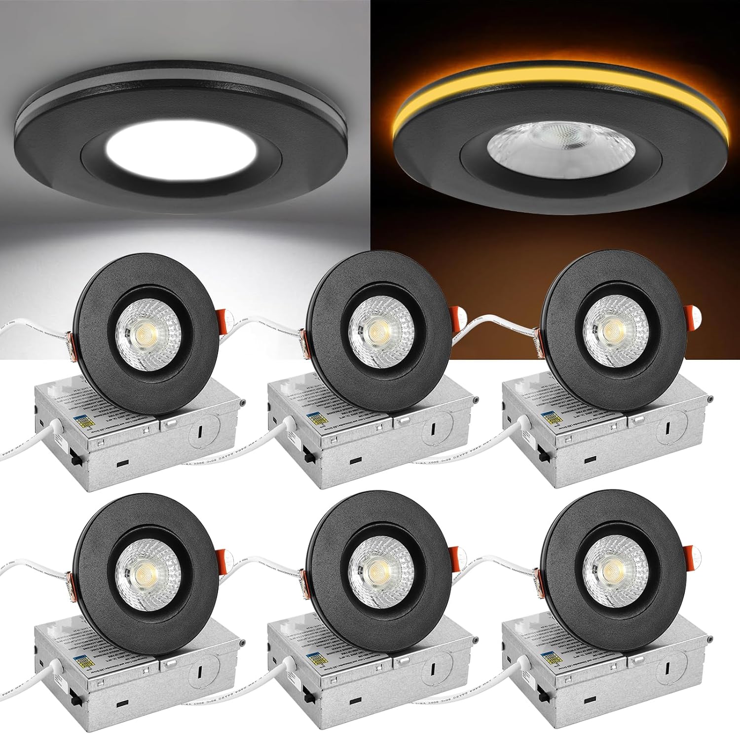 3 Inch Gimbal LED Recessed Light, 8W CRI90 Indoor Spotlight, 360° Rotation Wafter Light 750LM, 5CCT Dimmable Canless Soffit Ceiling Eyeball Lighting Fixture，ETL Listed, Black, 6 Pack