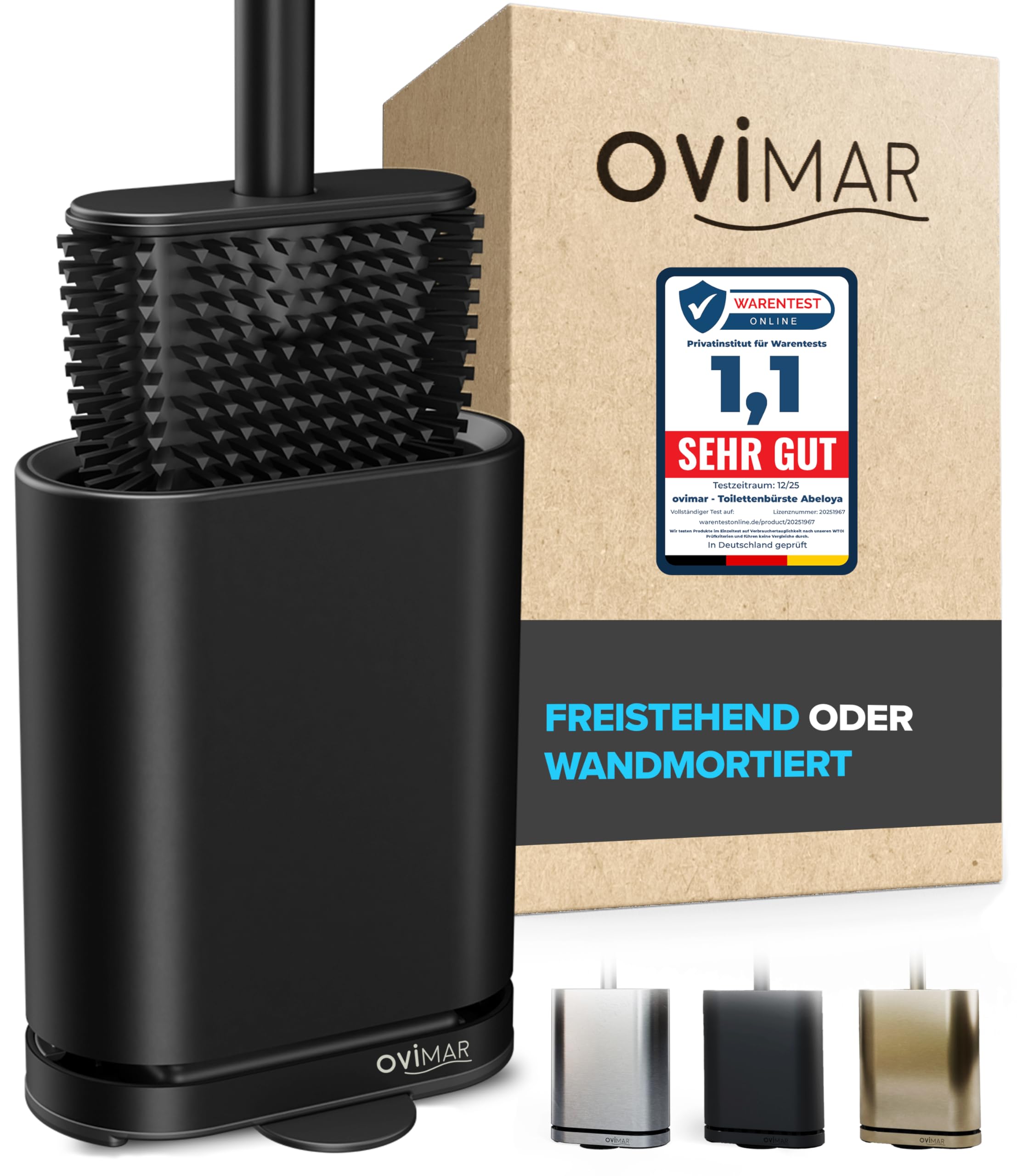 ovimar Klobüste Silikon Abeloya | schwarz | Toilettenbürste | WC Bürste mit Belüftung | Edelstahl | abnehmbare Tropfschale | nur 6cm breit | optionale Wandbefestigung im Badezimmer