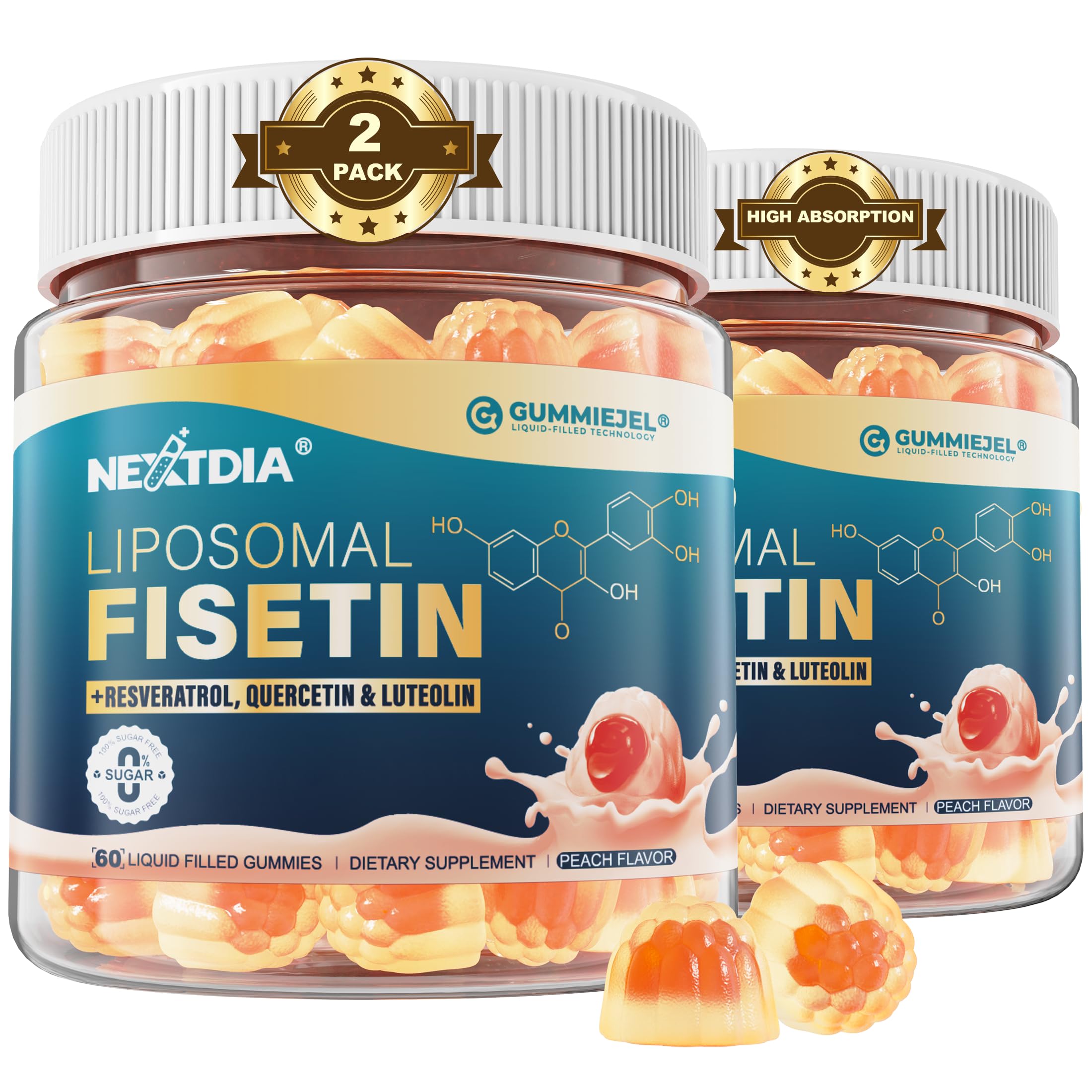 Liposomal Fisetin 200mg & Resveratrol Complex 500mg Liquid Gummies, 1-A-Day 60 Count (Pack of 2)