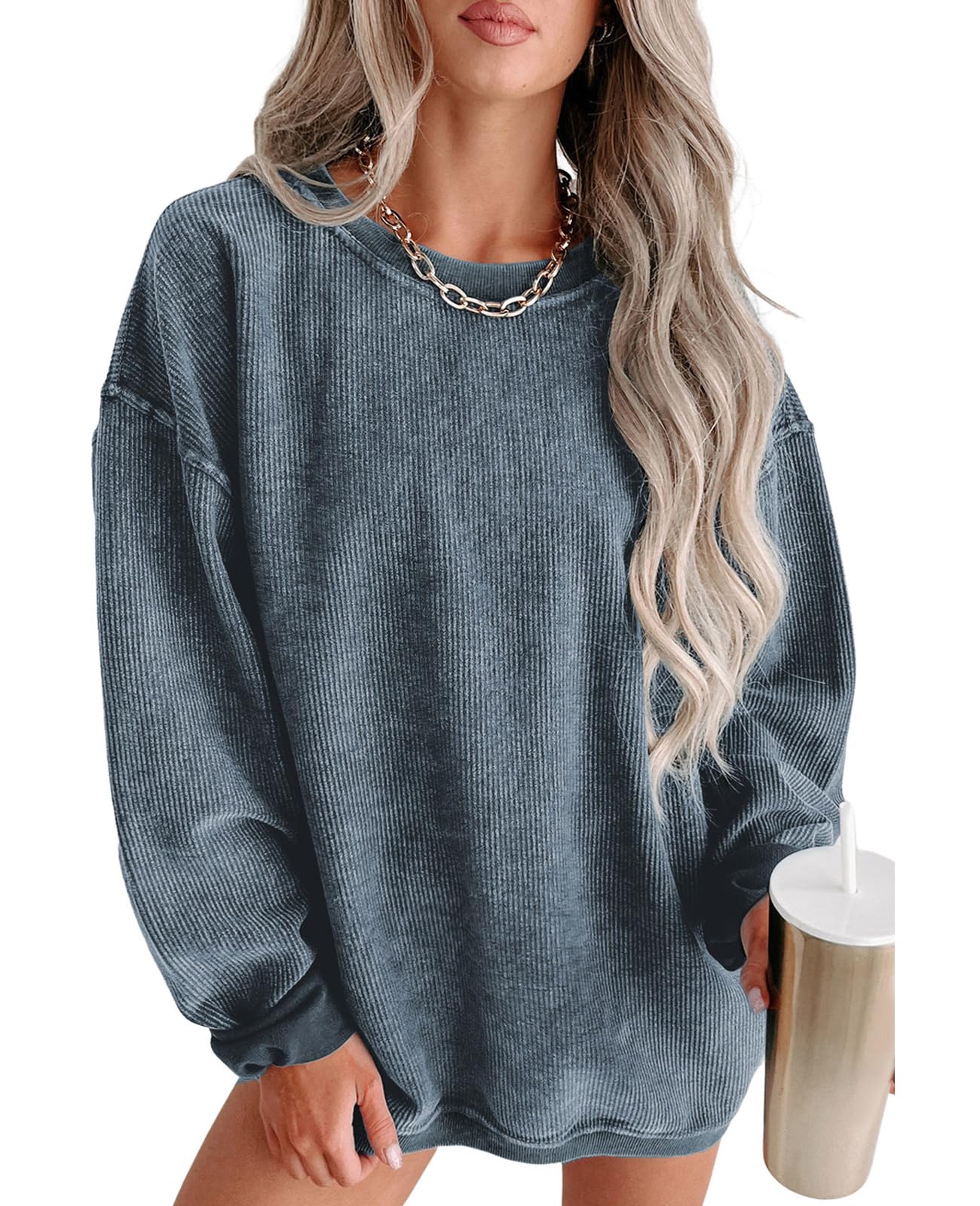 SELINK Womens Crewneck Oversized Corduroy Corded Sweatshirt Long Sleeve Casual Pullover Tops