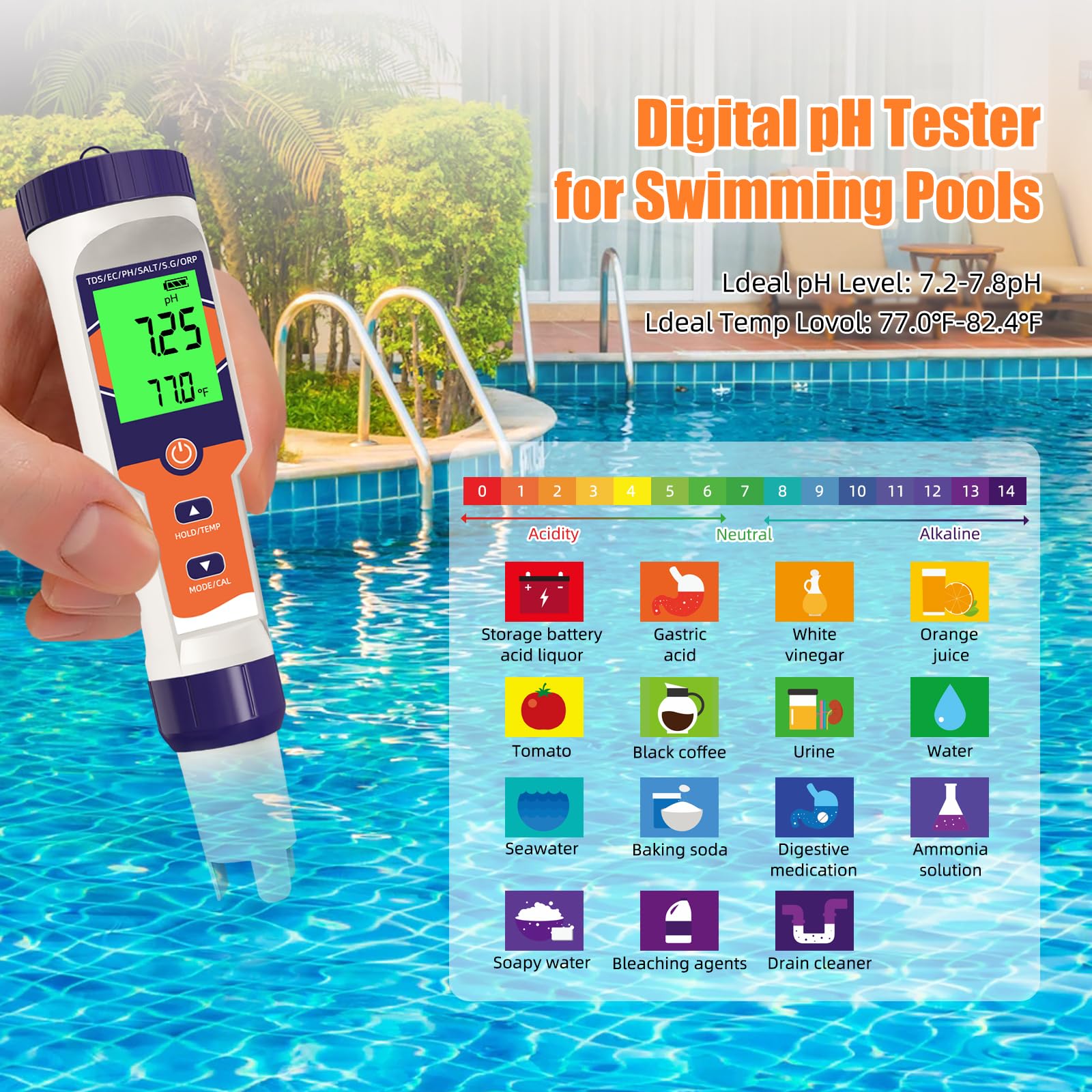 Probador digital de sal de piscina 7 en 1 | pH, ORP, salinidad, TDS, EC, medidor de temperatura, para piscinas de agua salada, jacuzzis, spas, acuarios, hidroponía