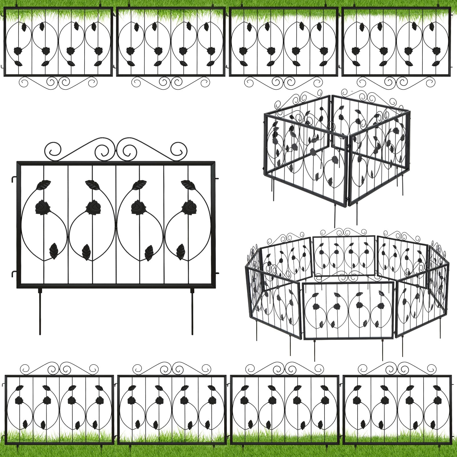 Happygrill Decorative Garden Fence, 8 Pack 23.5''(H) x 15ft (L) Rustproof Metal Garden Fencing for Rabbit Dog, Outdoor Fencing for Yard, Patio &