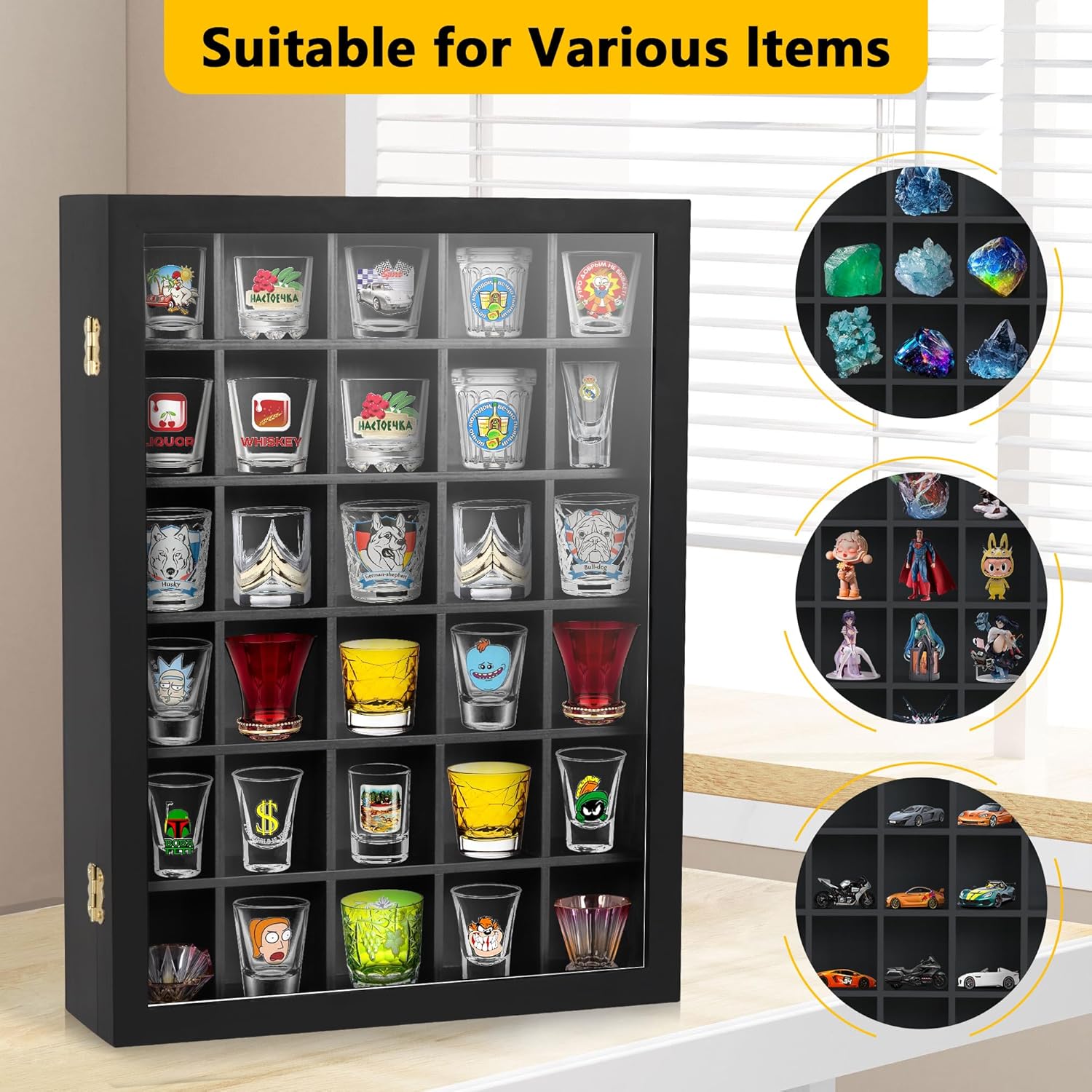 Invech 30 Shot Glass Display Case Wall Mounted, Shot Glass Holder with Door and Removable Shelve, Shot Glass Storage for Home Bar Decor