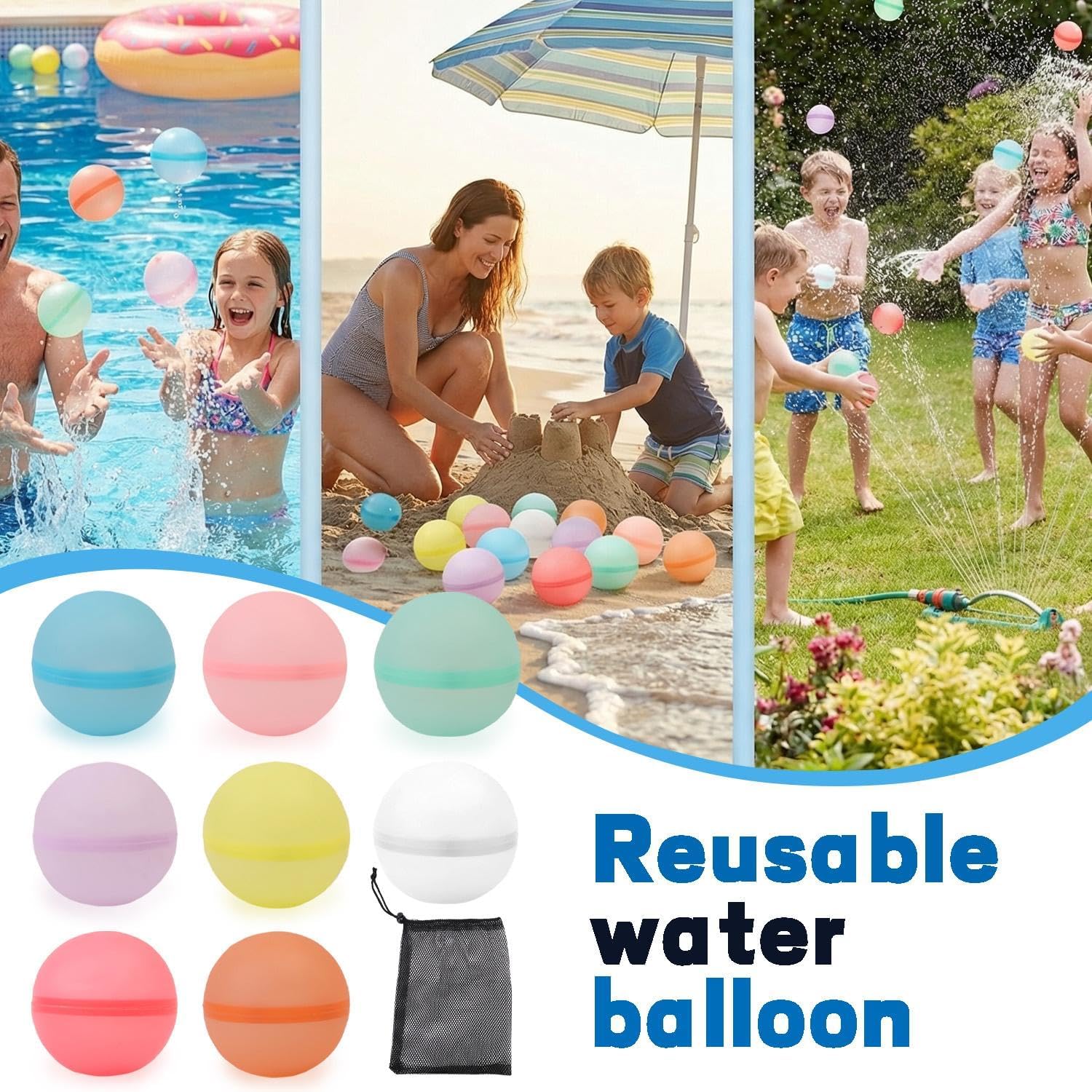 8 PCS Reusable Water Balloons with Mesh Storage Bag, Refillable Magnetic Balls for Outdoor Games, Self Sealing Water Splash Bomb Quick Fill for Summer Fun (Colorful, 6x6x6cm)