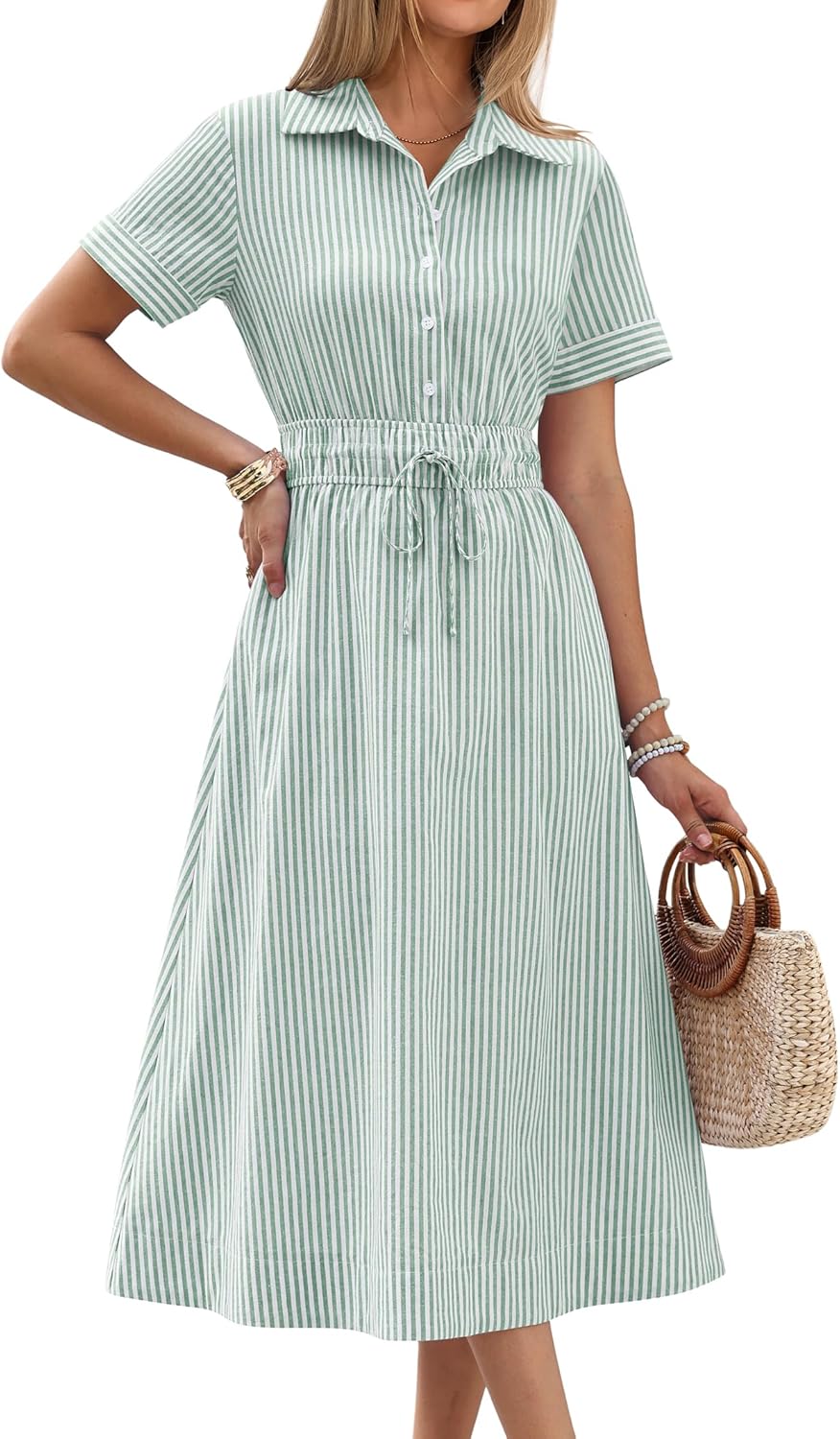 ANRABESS Womens Summer Midi Dress Short Sleeve Striped Plaid Button Collar Shirt Dresses 2026 Casual Beach Vacation Clothes