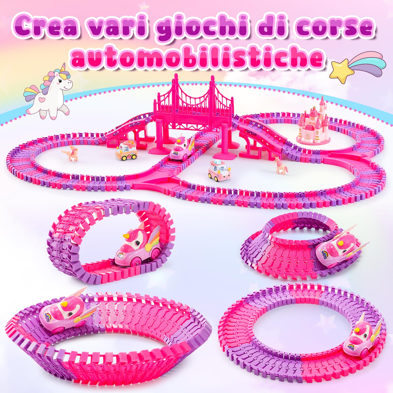 iKidiki Unicorno Bambina Regalo 3 4 5 6 7 8 Anni, Pista Macchinine Giochi Bambina 3-8 Anni Femmina Piste Macchinine per Bambini Giocattoli Bambinas Gioco Bimba Regalo Bambinas Regali Natale