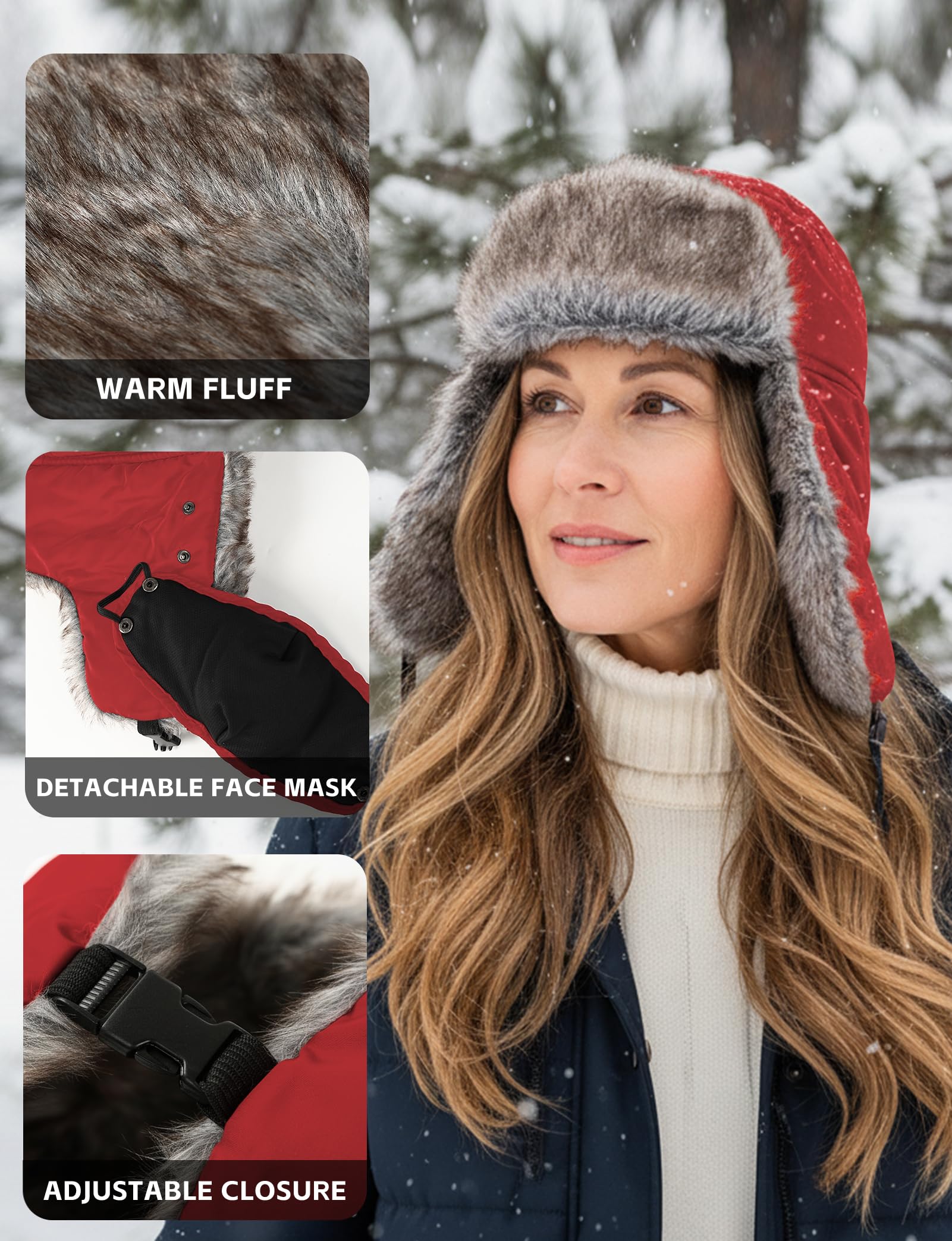 Buauty Fur Trapper Hat for Men Women Winter Windproof Soft Russian Ushanka Hats with Warm Ear Flaps & Removable Mask