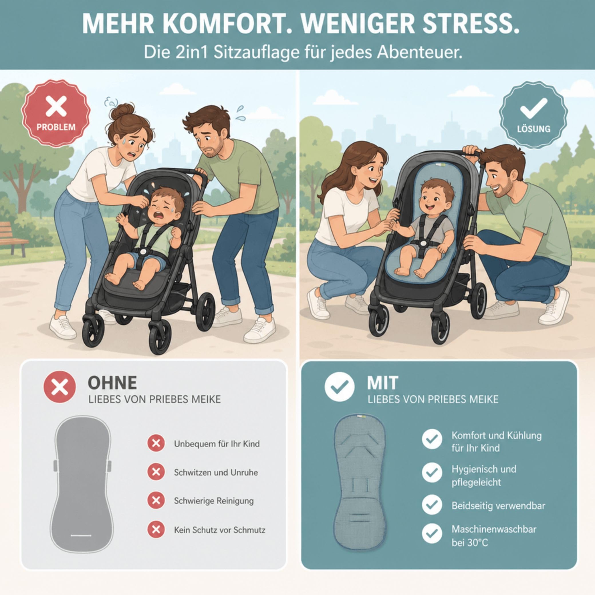 MEIKE 2in1 Sitzauflage Universale Sitzeinlage für Kinderwagen und Buggy 100% Baumwolle waschbar atmungsaktiv