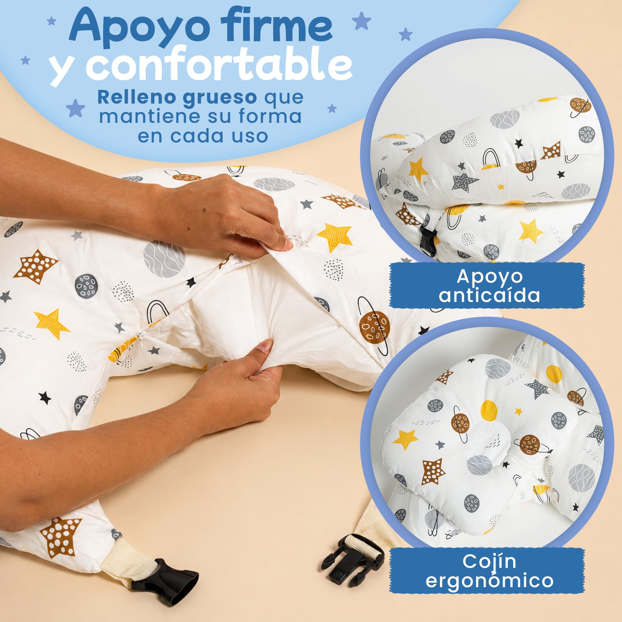 Cojín de Lactancia Ergonómico con Cinturón Ajustable para Cintura y Cuello | Soporte Anticaída para Bebé | Funda Desenfundable y Lavable | Almohada de Lactancia para Dar el Pecho y Biberón