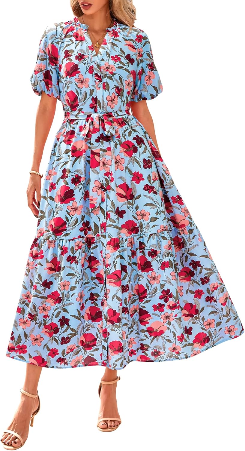 BTFBM Women Summer Floral Midi Dresses Casual Boho Puff Short Sleeve V Neck Button Belt Flowy Maxi Beach Vacation Dress