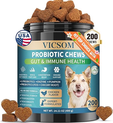 Probióticos para perros, 200 probióticos suaves masticables para perros, salud digestiva, salud intestinal y sistema inmunológico, con 6 probióticos