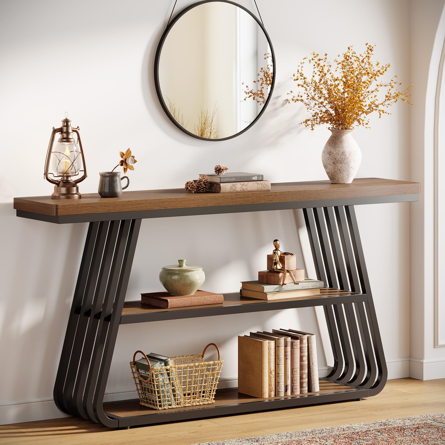 Tribesigns 140 cm Konsolentisch mit Ablagen, 3-stufiger Sofatisch mit Eisenrahmen, Holz Flurtisch für Wohnzimmer, Foyer, Flur, im Industrial-Stil
