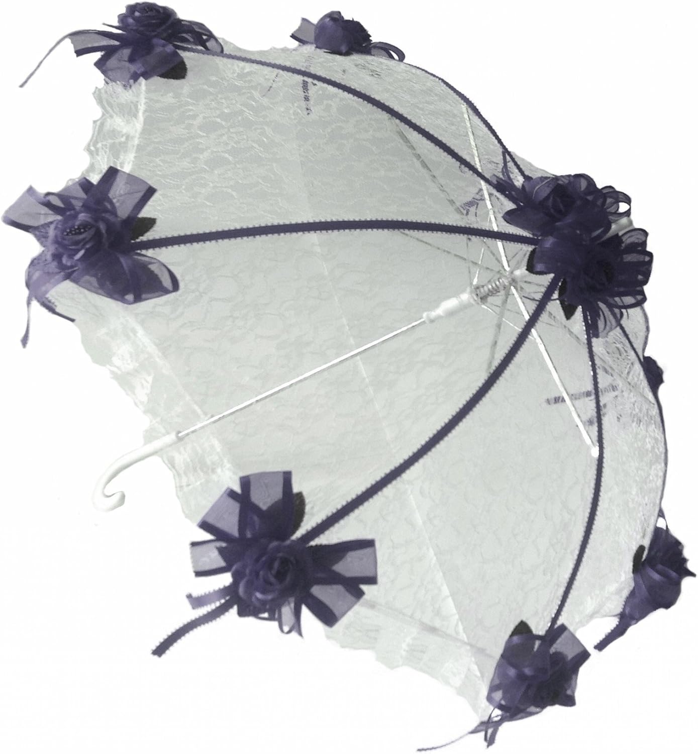 Decorated Bridal Shower White Lace Umbrella Parasol 36" Navy Blue Roses