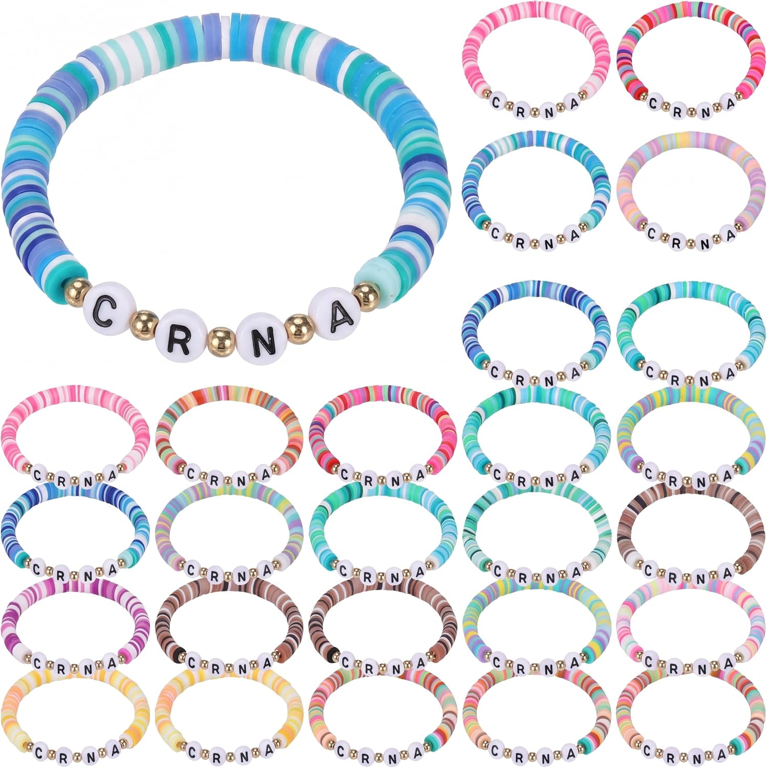 Quelay 24 Set CNA Week Gift Anesthetist Appreciation Bracelet Gifts Bulk Colorful Clay Beaded Stretch Bracelet Thank You Gifts for Crna Nurse Anesthesiologists Birthday Medical Professional Graduation