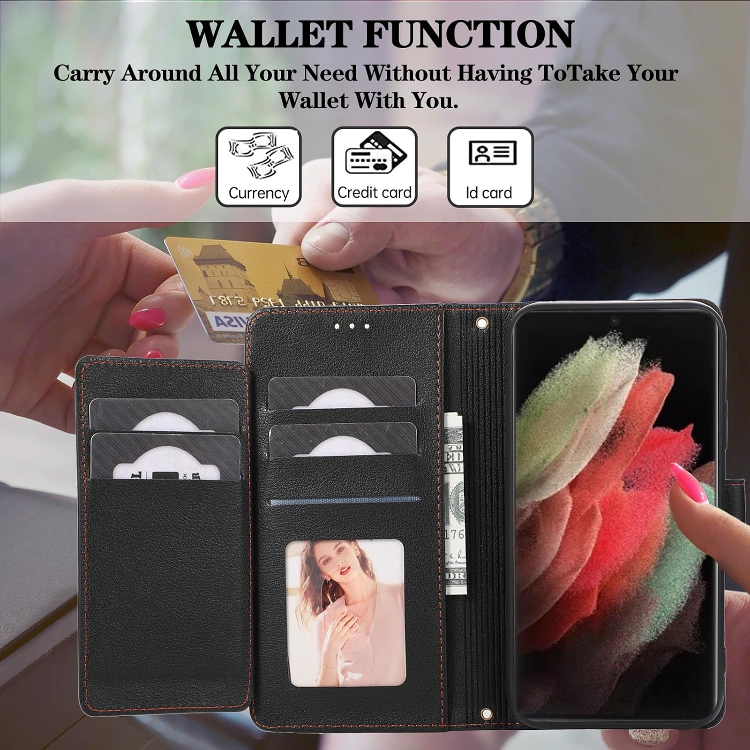 Compatible with Samsung Galaxy S21 Ultra 5G Wallet Case Wrist Strap, Crossbody Strap, Mirror PU Leather Flip Credit Stand Cell Phone Cover for S21ultra 21S S 21 21ultra G5 Women Men Black