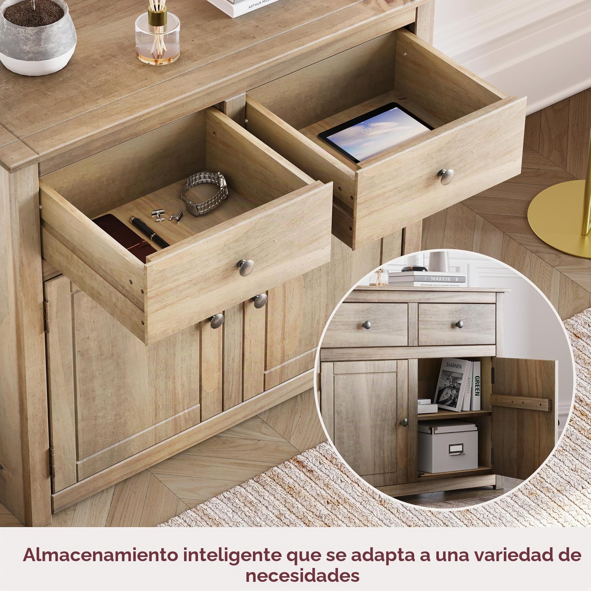 Home Discount Panamá - Aparador con 2 Puertas y 2 cajones. Mueble Resistente en Color Roble Natural y Encerado.