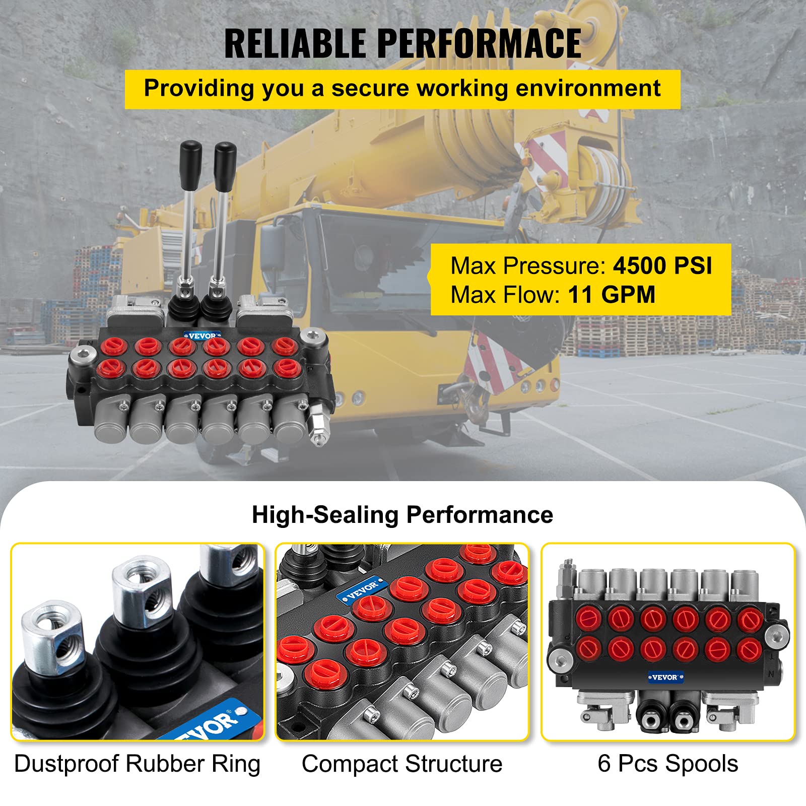 VEVOR Valvola di controllo direzionale idraulica, valvola di controllo direzionale idraulica a 6 bobine, valvola di caricamento idraulica 11 GPM, valvola di controllo direzionale 4500 PSI