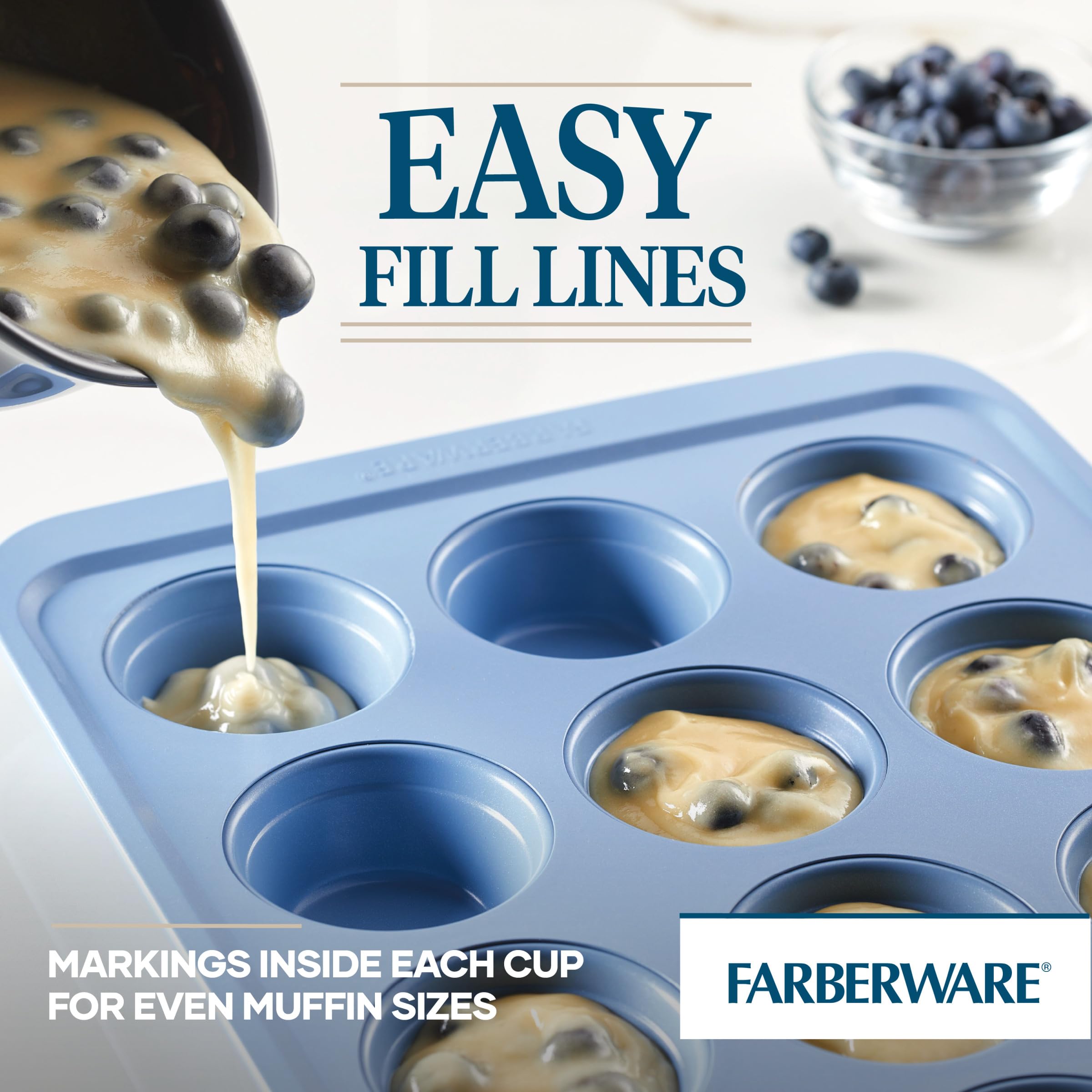Farberware Easy Solutions - Molde antiadherente para hornear magdalenas/magdalenas, 12 tazas con líneas de relleno, color azul