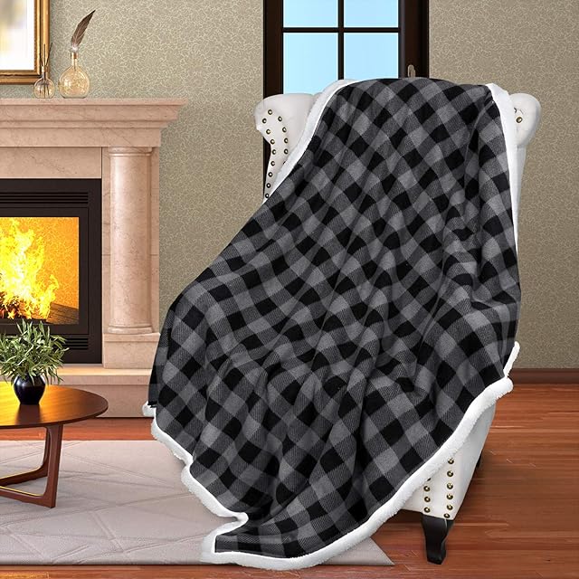 Catalonia Classy Tartan Sherpa Throw Blanket, Warm Thick Soft Winter Fluffy Plush Couch Throw, Reversible Cozy Fleece Blanket Sofa Single Bed, 150 x 130 cm Plaid Black