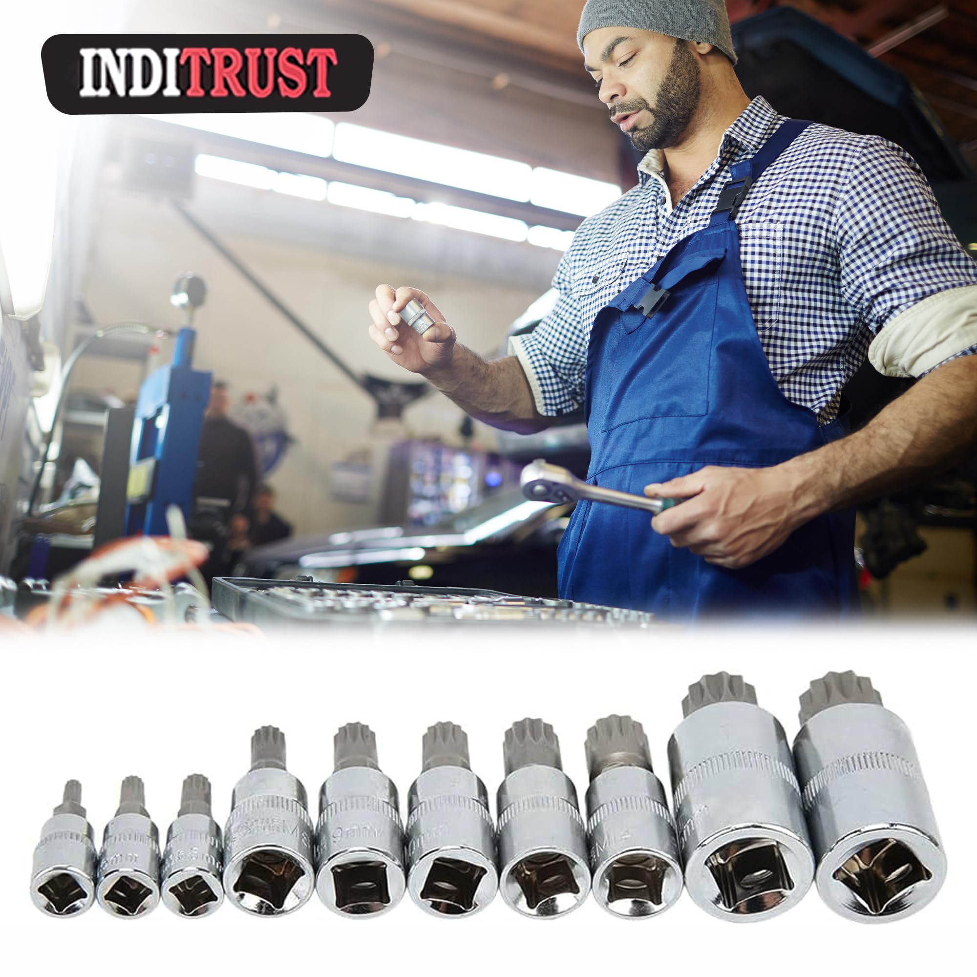 Inditrust 40pc Torx set Star Spline set Hex Allen Key Socket Bit Set 3/8 & 1/2 Drive Alan T20-t55 Socket Set (Pack of 40) (METAL BOX)