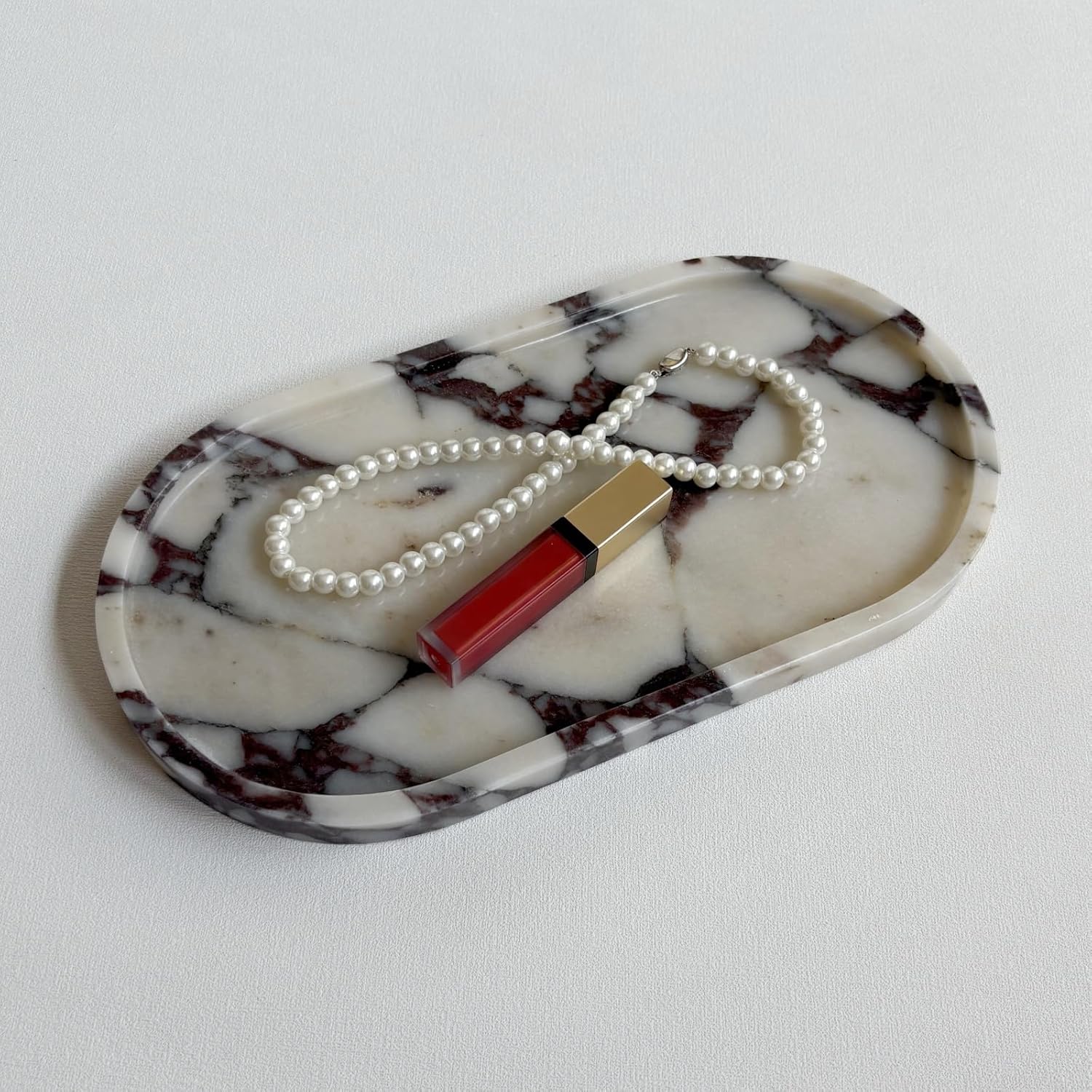 Natural Marble Stone 11.8 inches Oval Catchall Tray Classics Sundries Storage Jewelry Plates (Calacatta Purple)