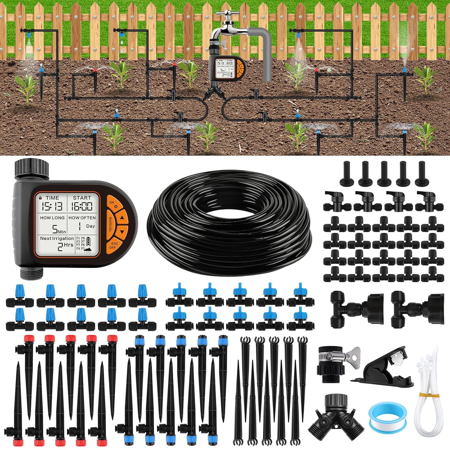Kalolary Drip Irrigation System, 196FT Garden Watering System with Water Timer, 1/4 Pipe Quick-to-Connect Automatic Watering System Garden Adjustable Spray Watering for Garden Lawn