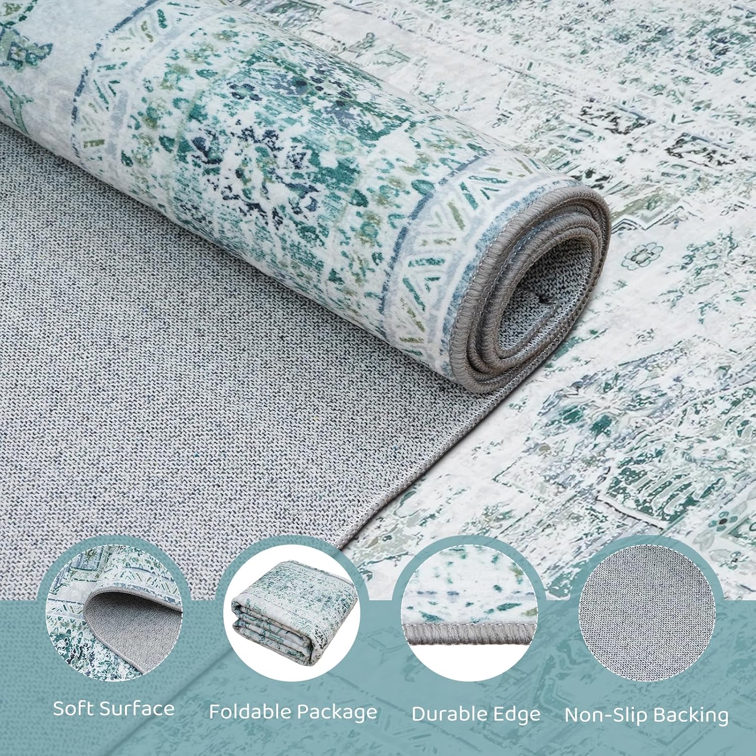 Area Rug, Washable Area Rug with Non-Slip Backing, Boho Vintage Rugs for Living Room, Bedroom,Dining Room,Kitchen,Office, Stain Resistant Large Area Rug (Green, 8' x 10')