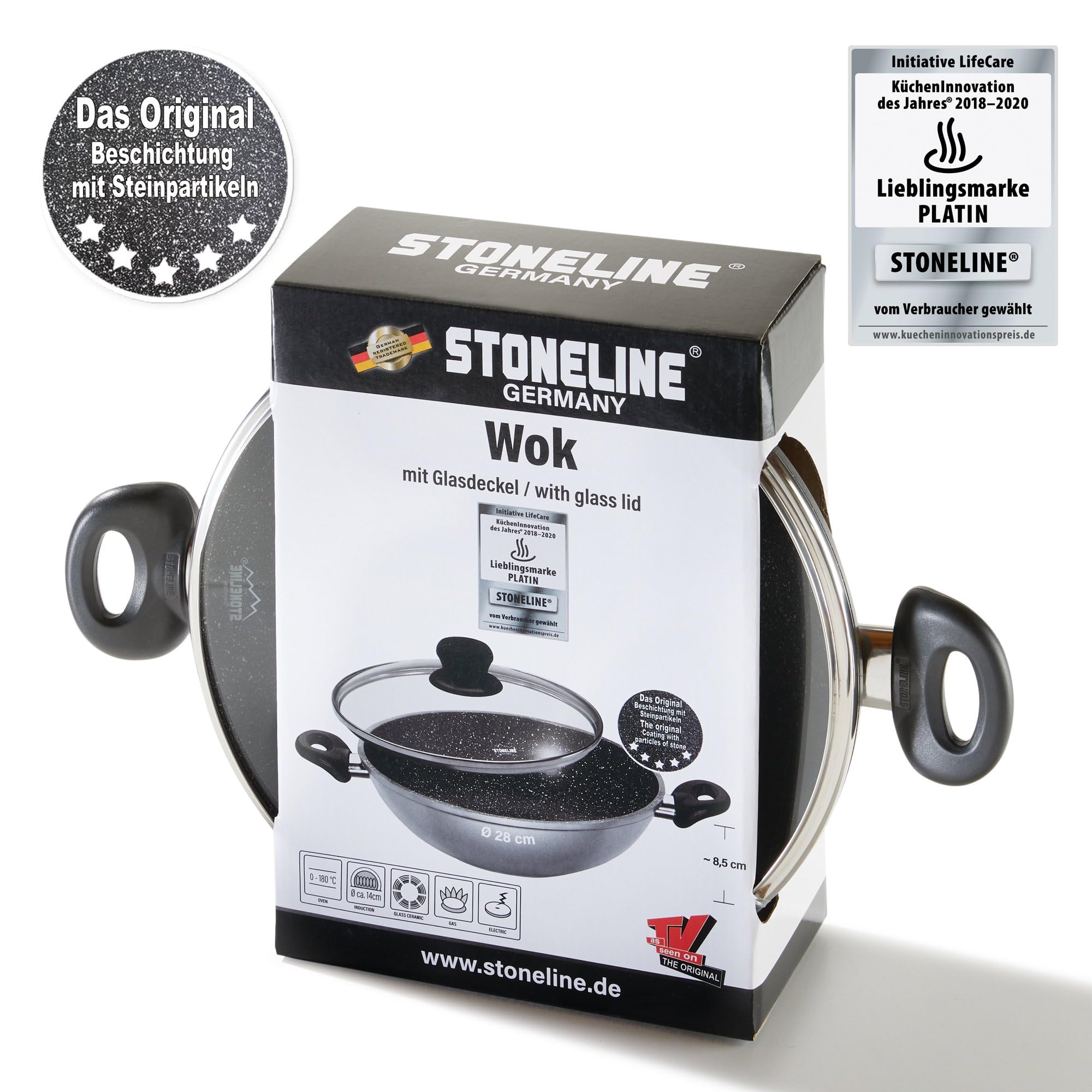 STONELINE Wok 28 cm con Coperchio in Vetro, a induzione pentole, Alluminio, Antracite