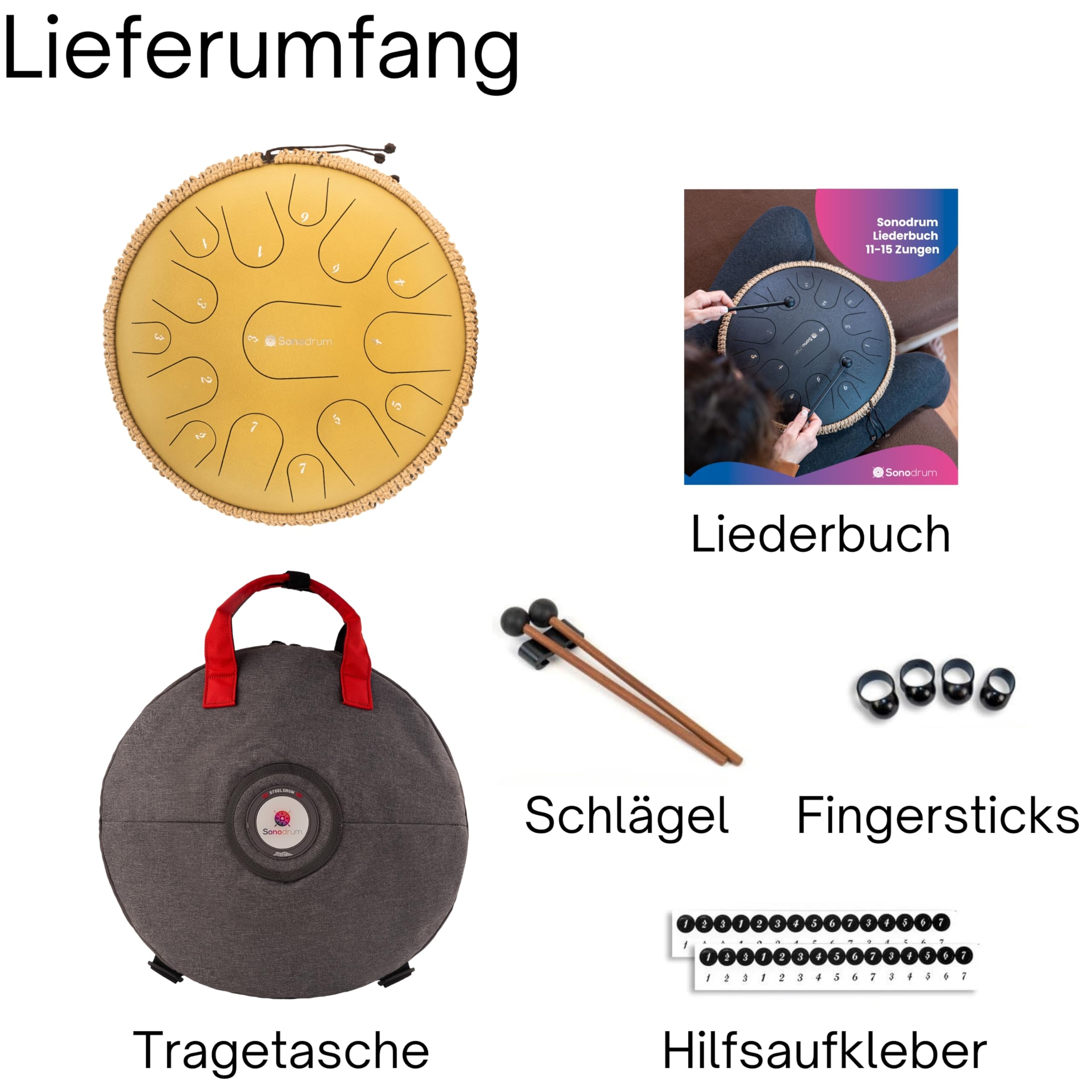 Zungentrommel "Premium" C - Dur in Gold - 35 cm groß mit 15 Tönen - Steel Tongue Drum inkl. Liederbuch, Schlägel, Fingersticks und Tragetasche - Notenlesen nicht nötig, einfach zu spielen.