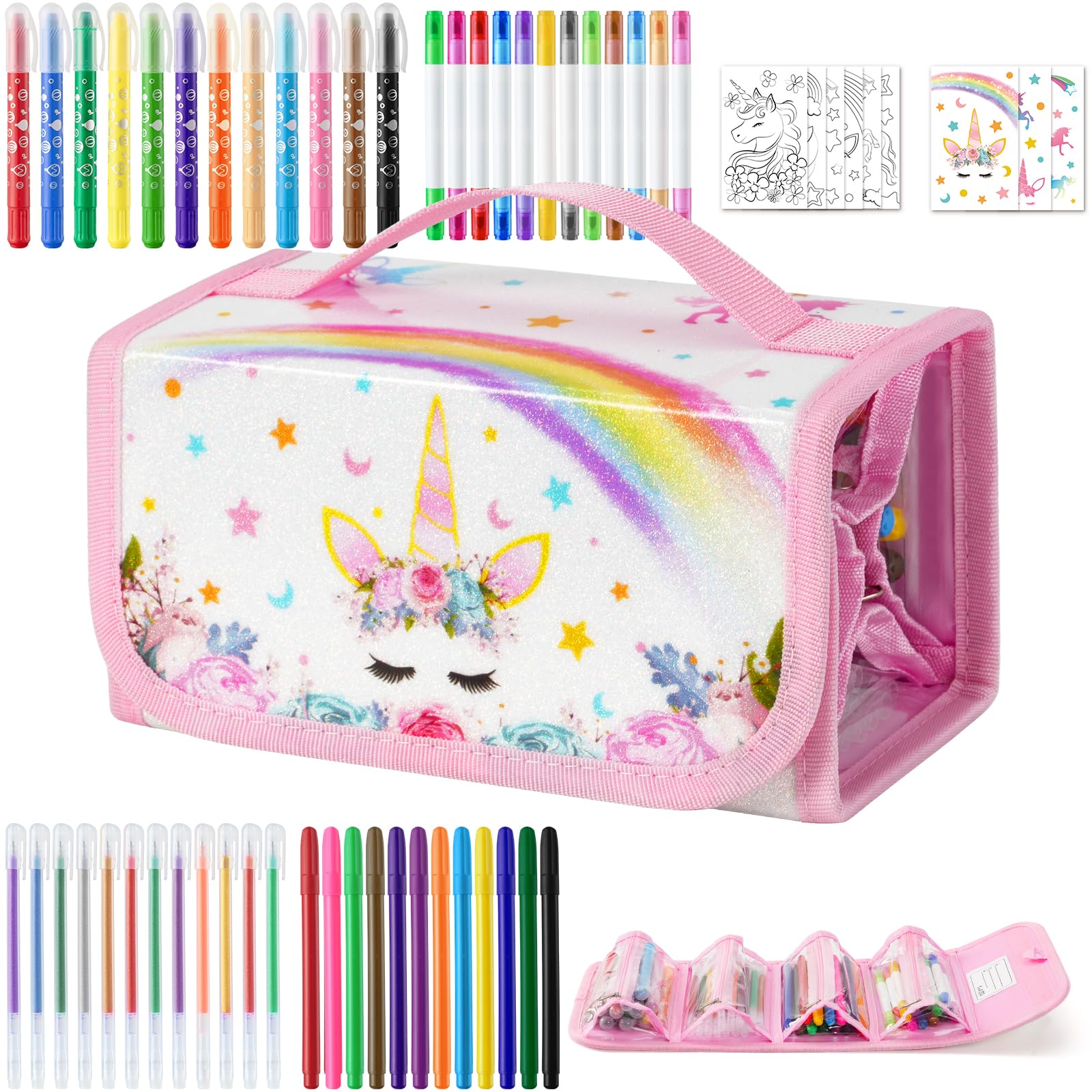 WERNNSAI Unicorn Marker Set - 58 PCS Scented Markers for Kids with Unicorn Pencil Case, Stickers and Coloring Papers