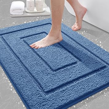 IM HOME Bathroom Rugs, Ultra Soft Plush Fluffy Microfiber Absorbent Bath Mat, Non-Slip Backing, Machine Washable Bath Mats for Bathroom Floor, Tub and Shower, Blue/24"x17"/Bordered