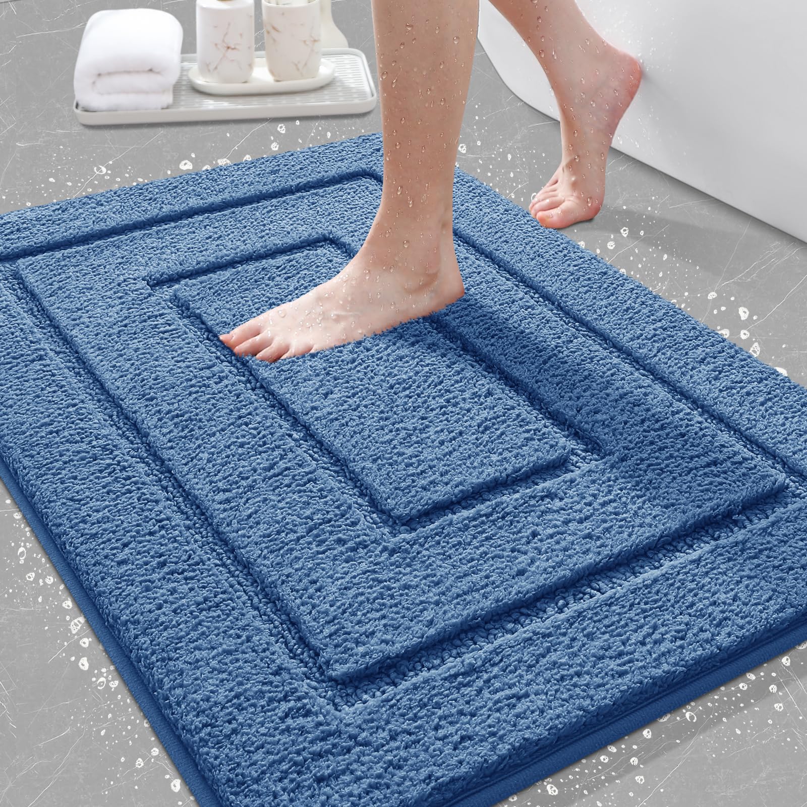 IM HOME Bathroom Rugs, Ultra Soft Plush Fluffy Microfiber Absorbent Bath Mat, Non-Slip Backing, Machine Washable Bath Mats for Bathroom Floor, Tub and Shower, Blue/32"x20"/Bordered