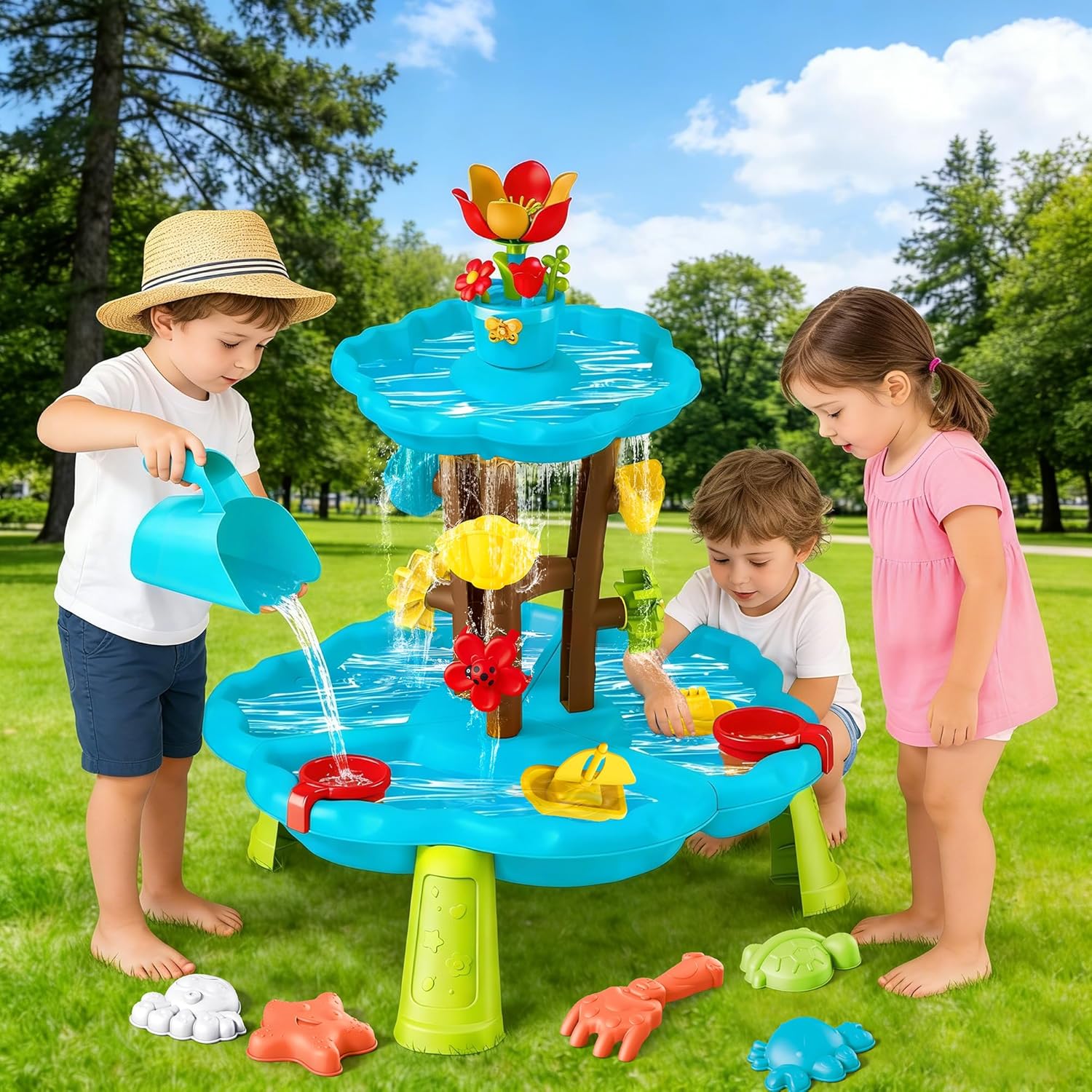 Blossom Sand and Water Table for Toddlers 3-8, 2-Tier Kids Water Play Table with Watering Flower & Beach Toys, Outdoor Sensory Table for Backyard, Summer Beach Activity Table for Boys Girls Age 3+