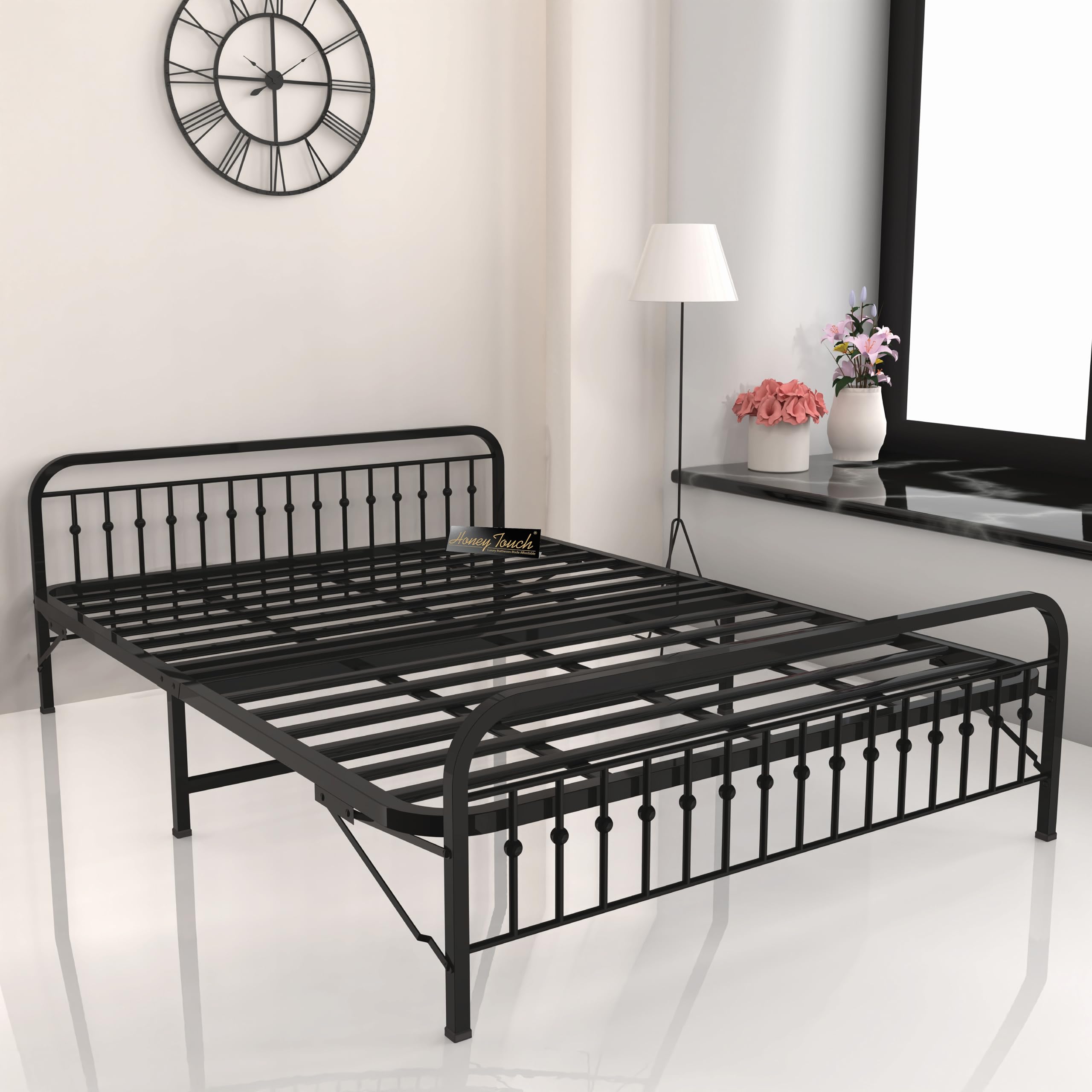 Honey Touch Nova Folding Queen Size Bed Without Mattress | No Assembly Required | Foldable Bed for Sleeping/Guests/Rented Apartments/Bedroom(5x6.25ft, Black)