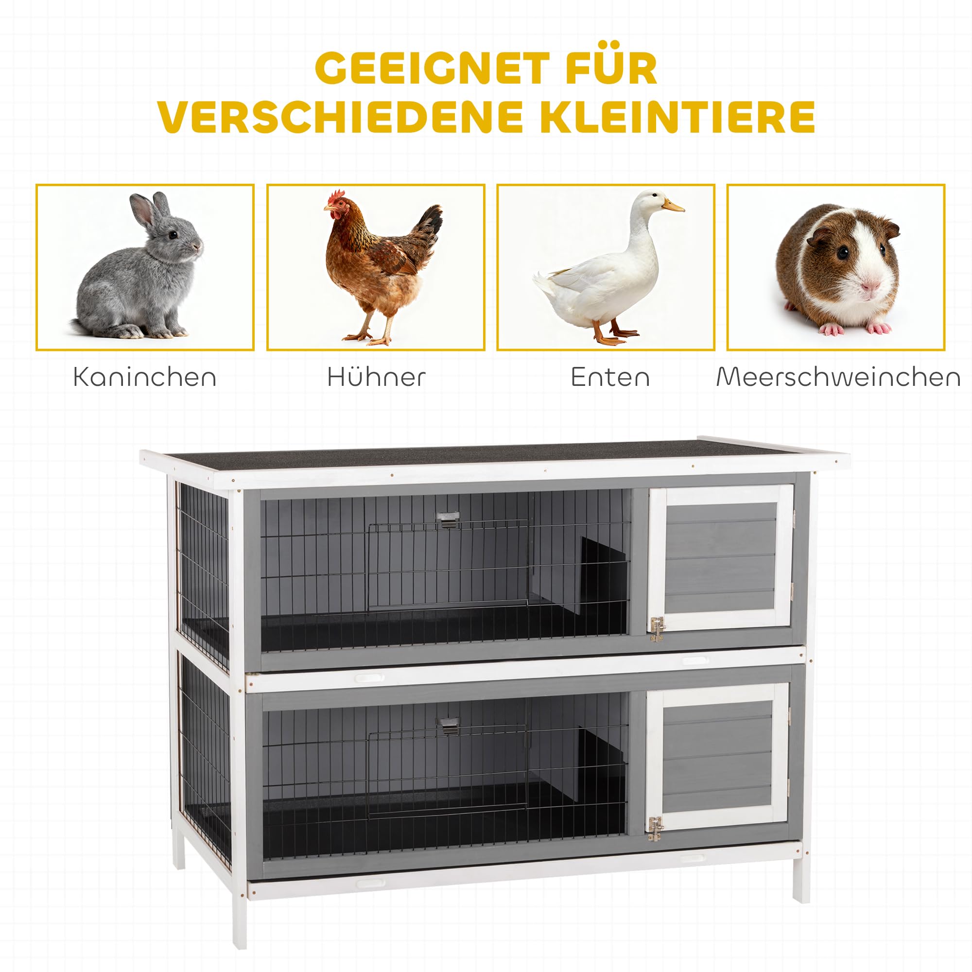 PawHut conigliera 2 livelli in legno massiccio conigliera invernale a due piani con vassoi a pavimento 136,4 x 50 x 93 cm gabbia per conigli piccola per piccoli animali conigli da interno
