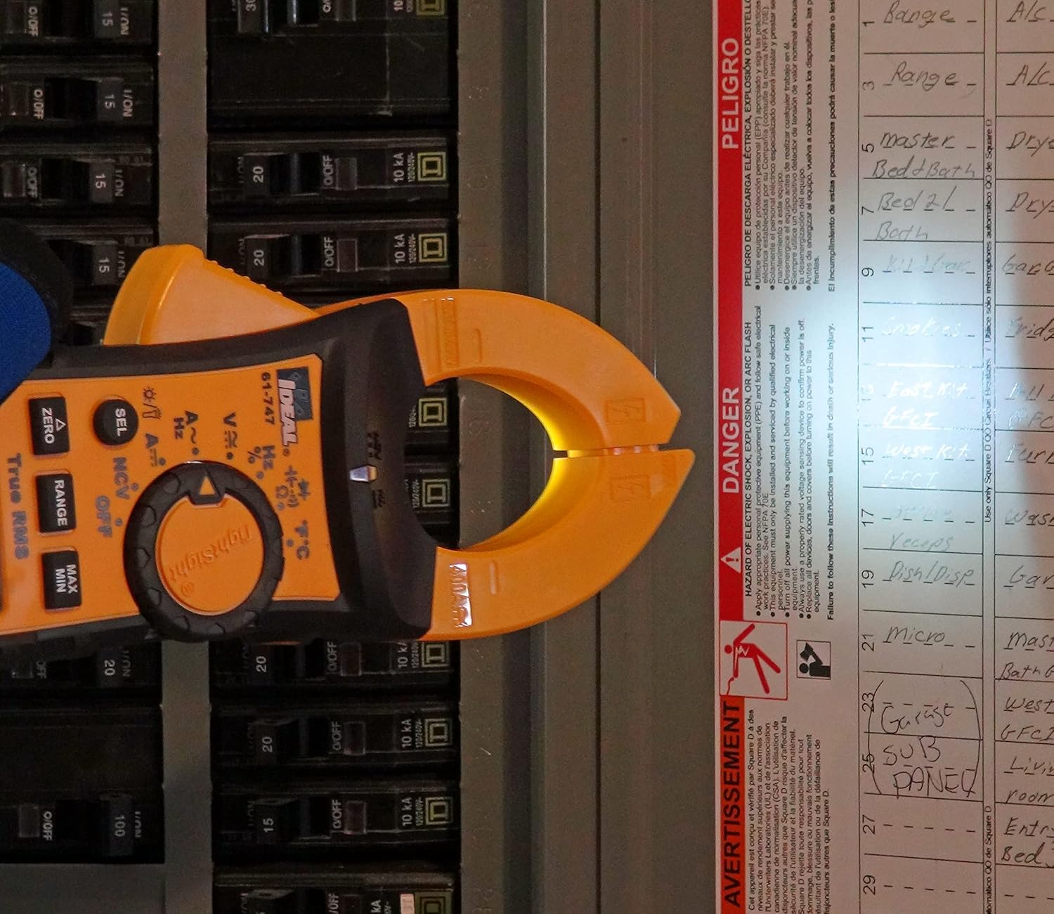 IDEAL 61-747 Clamp Meter with included accessories: test leads, batteries, K-type thermocouple, and soft case