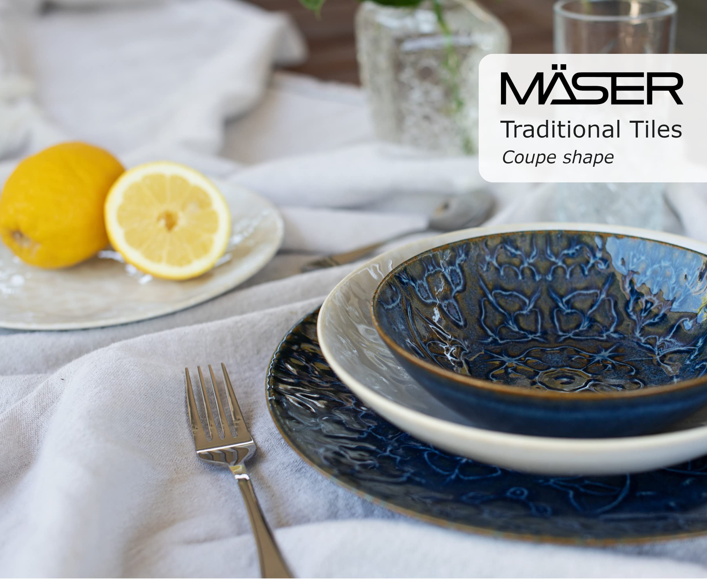 MÄSER 935079 Serie Tiles Modernes Vintage Geschirr Set für 2 Personen in maurischem Design, 8-teiliges Tafelservice mit Tellern und Schalen aus hochwertiger Keramik, Steinzeug, Weiß