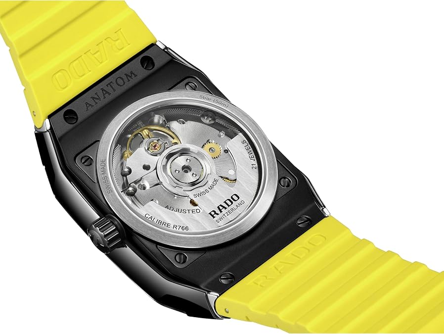 Rado - Anatom Open Heart - Unisex Automatic Swiss Watch - 32mm Square Black Yellow Dial - Yellow Rubber Bracelet - R10201259