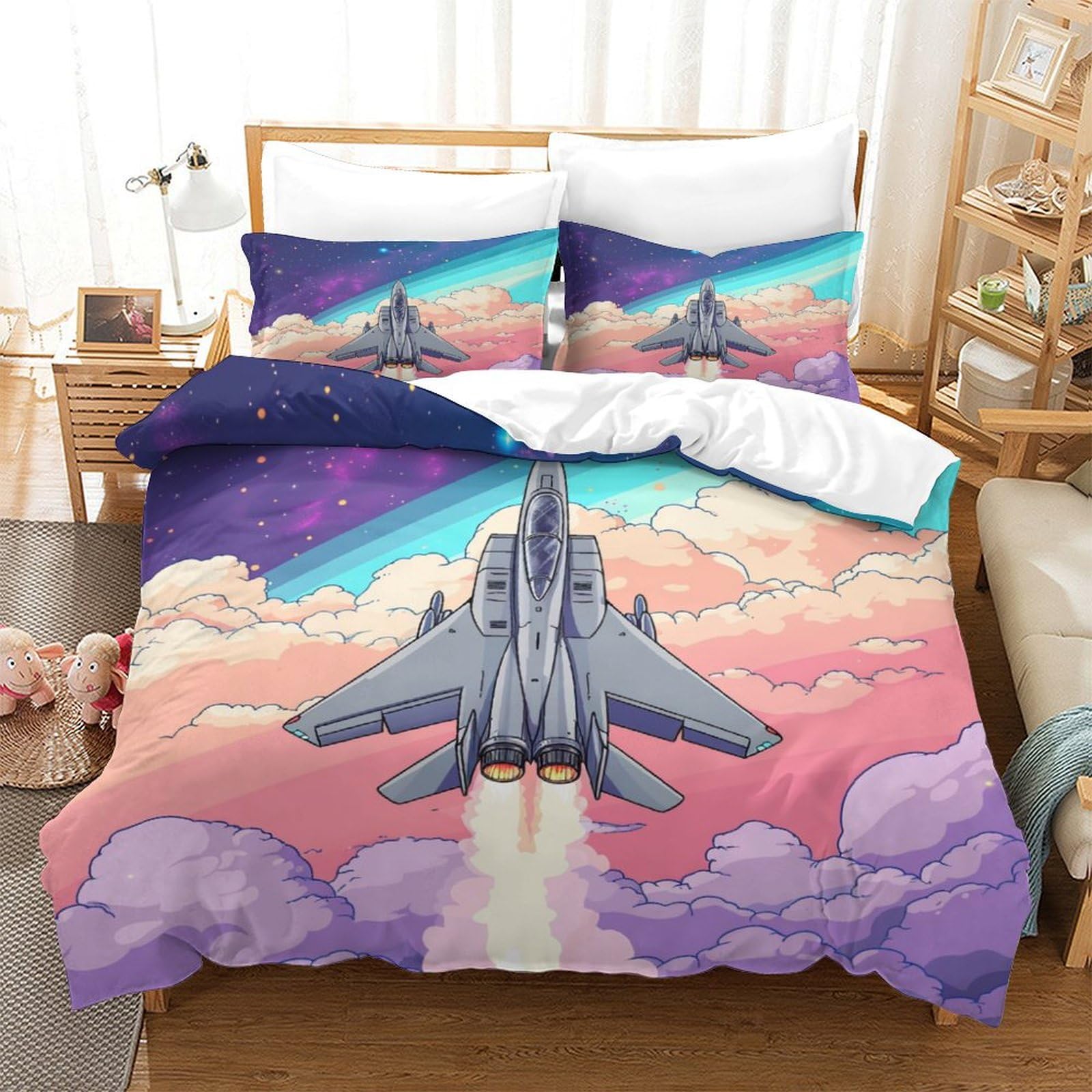 P1s9u7w5y Aircraft-1 3D Printed Galaxy Fighter Jet Duvet Cover Set 3Pcs Microfiber Sky Aircraft Bedding Set Double（200X200cm）