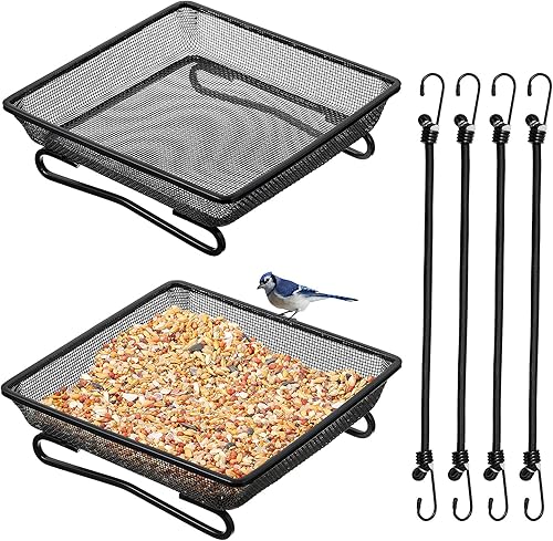 Miniatura 2 de Bandeja de comedero de pájaros para balcón, plataforma compacta de 7 x 7 x 2 pulgadas, bandeja de semillas de pájaros con 4 cuerdas elásticas fijas