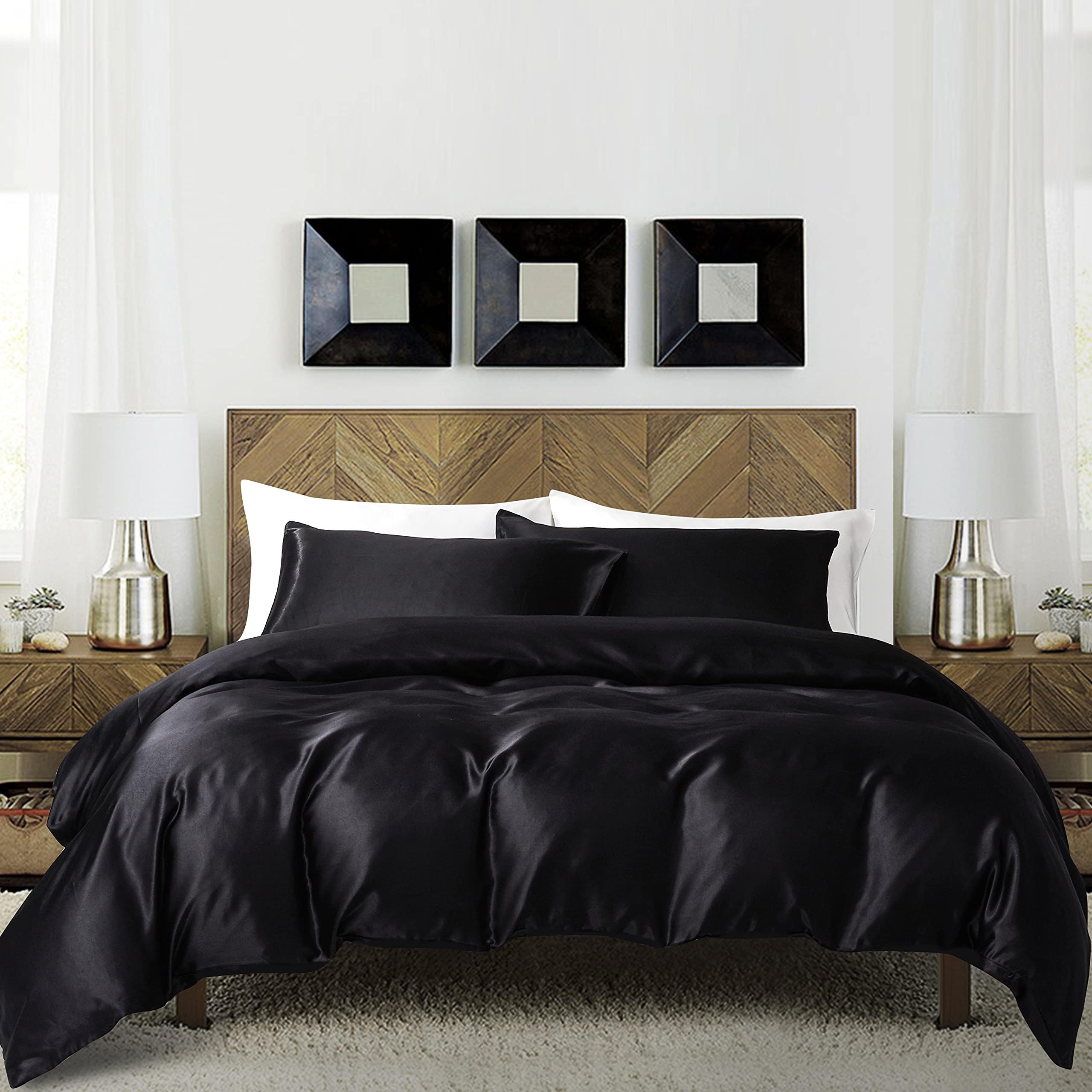 DuShow Satin Duvet Cover Sets Double Bed,Silky Black Double Duvet Cover Set,3 Pieces Soft Duvet Cover and 2 Pillowcases With Zipper Closure,(Black 200 * 200cm)