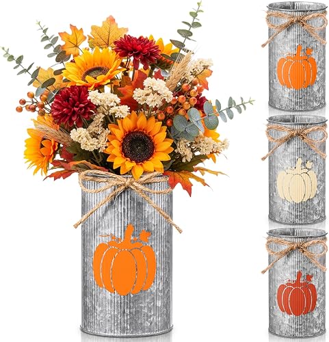 3 Pcs Fall Table Centerpiece Pumpkin Vases Thanksgiving Decor Galvanized Metal Vases for Flowers Farmhouse Mason Jars Utensil Holder for Fall Home Thanksgiving Autumn Harvest Decorations