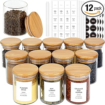 JuneHeart 12 PCS Glass Spice Jars with Bamboo Lids and 333 Waterproof Labels, 4oz Clear Food Storage Containers for Kitchen Sugar Salt Coffee Beans