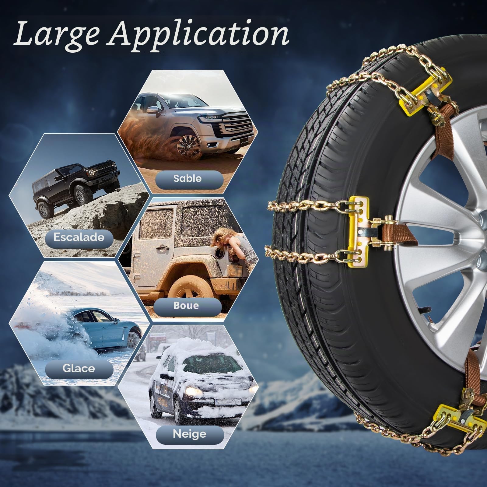 Chaînes à Neige Réglables et Robustes - Lot de 6 pour Voitures, Camions, SUV - Largeur 165-265mm - Avec Pelle à Neige en Plastique et Gants